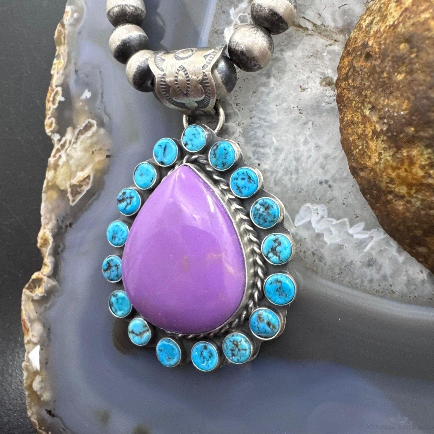 Native American Sterling Silver Purple Phosphosiderite & Turquoise Pendant For Women
