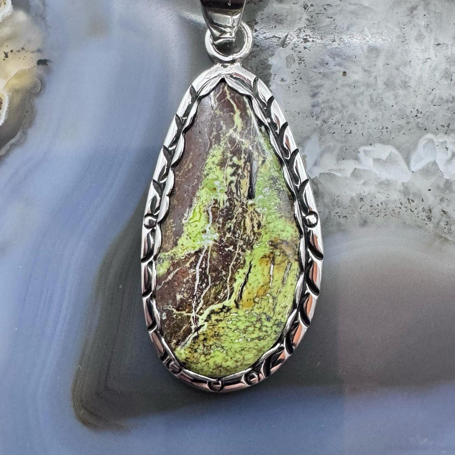 Native American Sterling Silver Teardrop Gaspeite Decorated Pendant For Women
