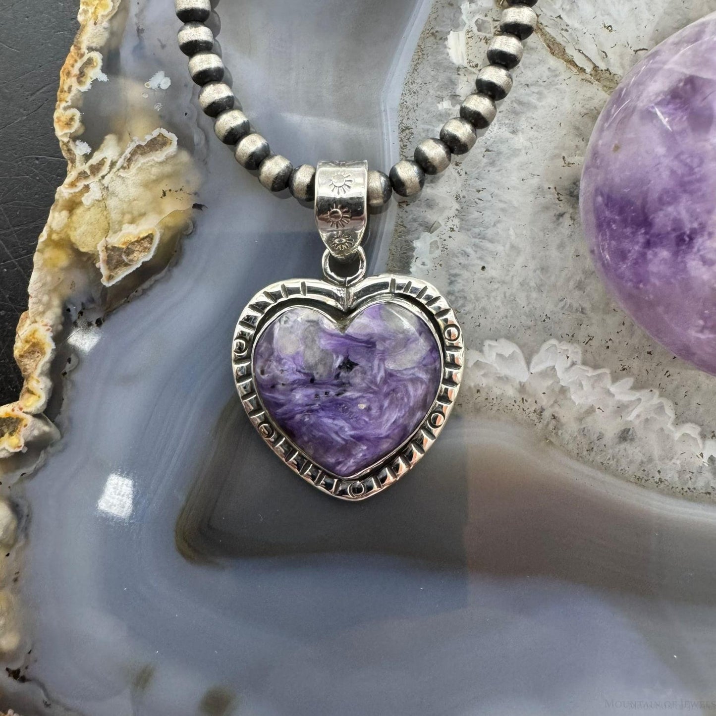 Sterling Silver Southwestern Style Charoite Heart Shape Pendant For Women