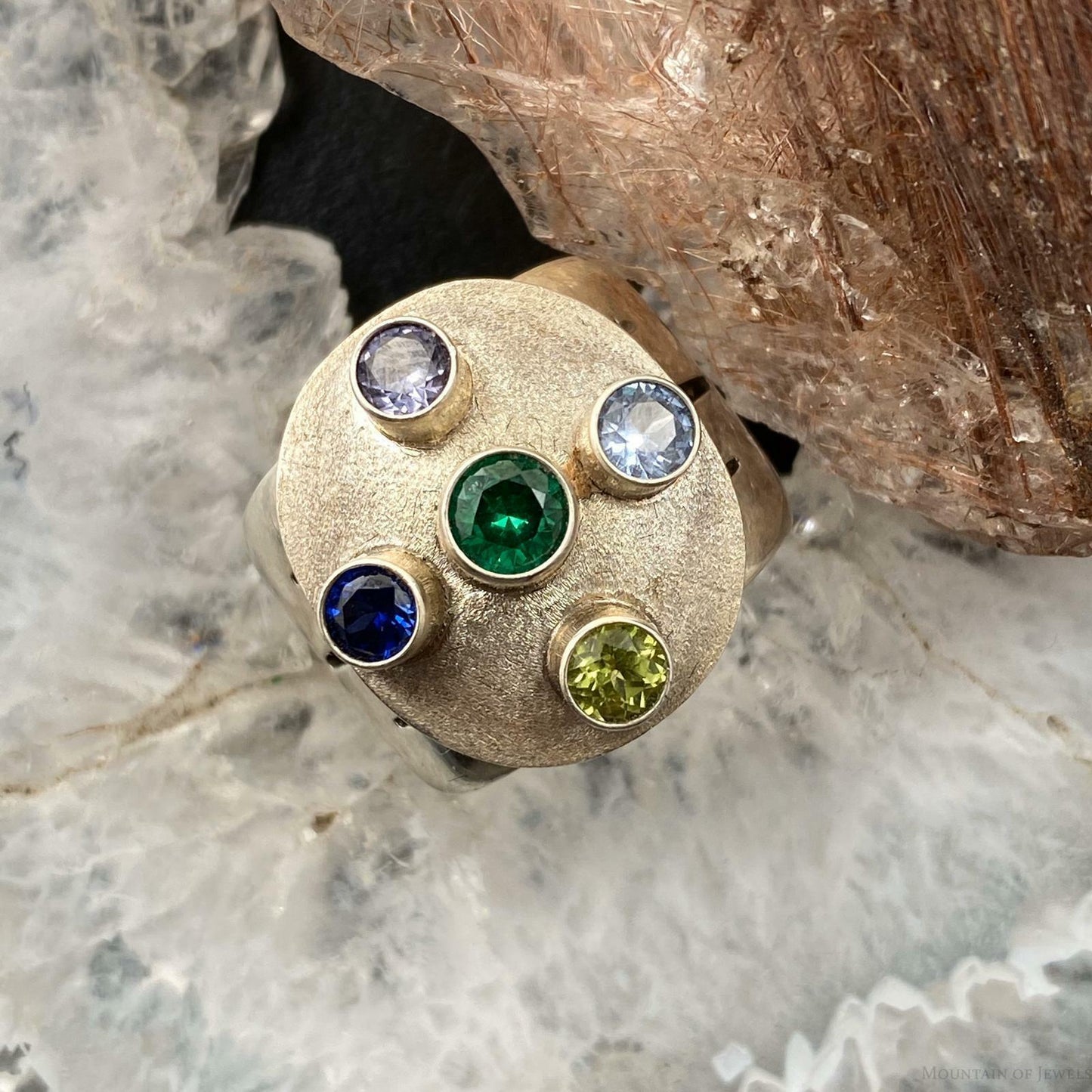 Sterling Silver Ring Size 7.5 with 5 Different Gems Wide Band Ring