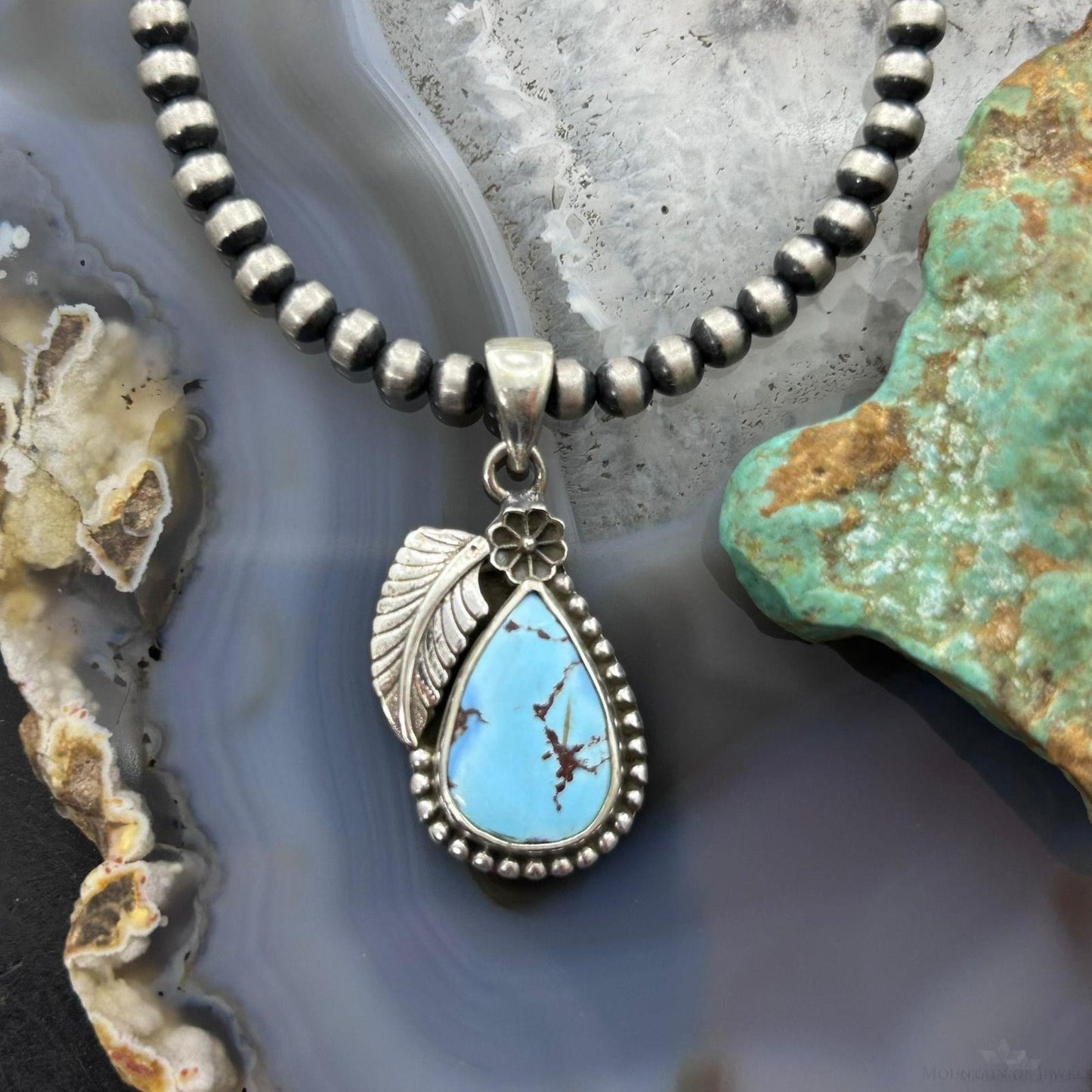 Sterling Silver Southwestern Style Teardrop Golden Hill Turquoise Leaves Pendant For Women #2