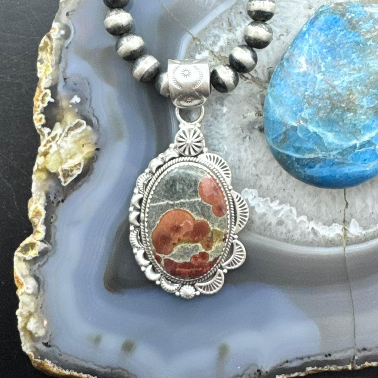 Sterling Silver Southwestern Style Elongated Oval Peanut Obsidian Decorated Pendant For Women