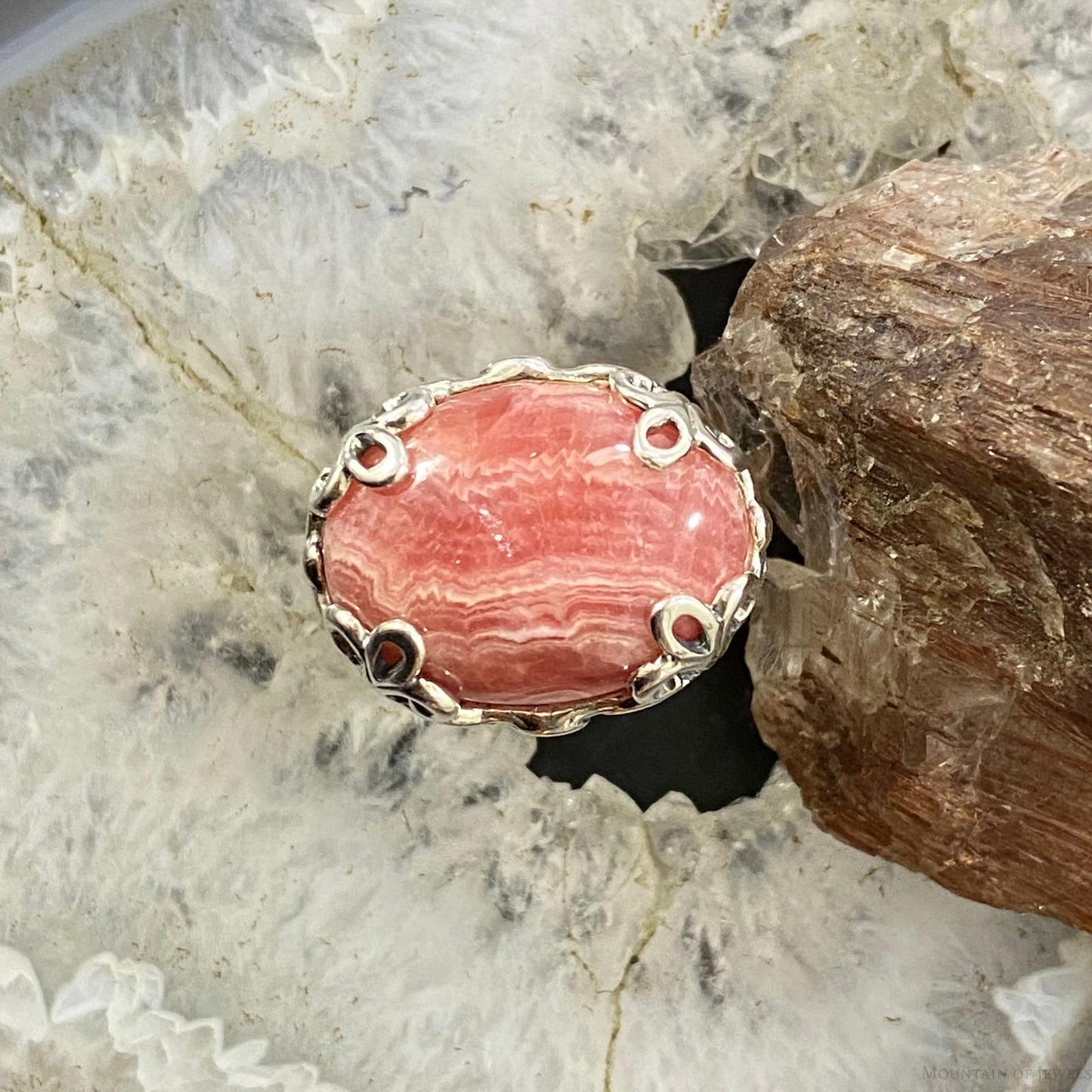 Carolyn Pollack Southwestern Style Sterling Silver Oval Rhodonite Decorated Ring For Women