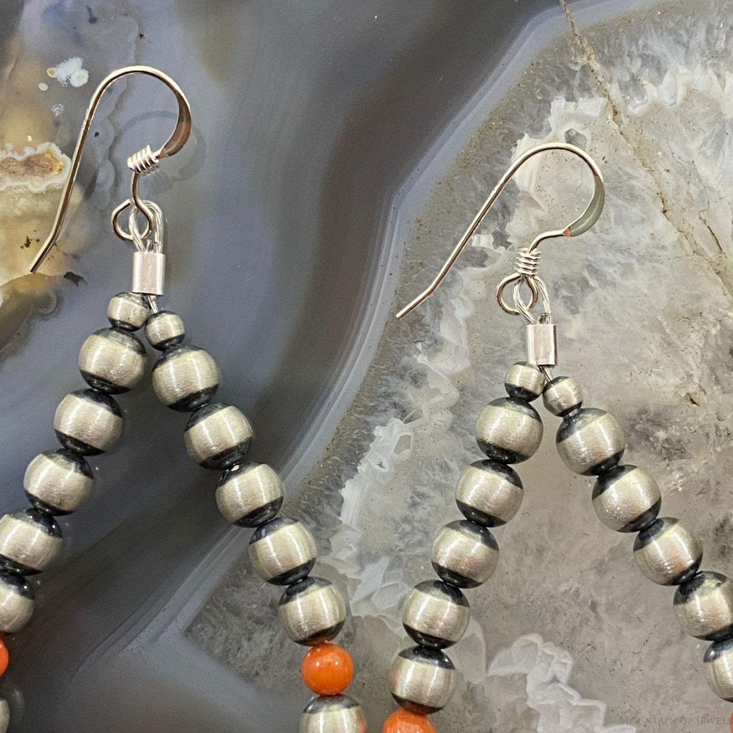 Navajo Pearl Beads and Spiny Oyster 5mm Sterling Silver Hoop Dangle Earrings