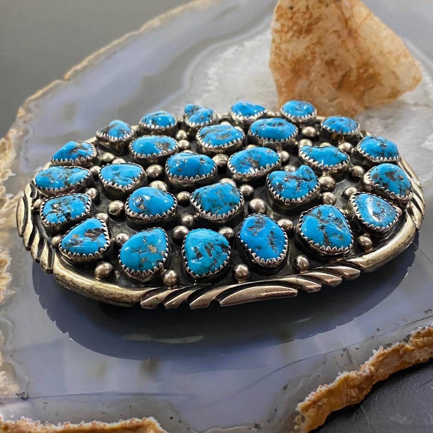 Vintage Harry Spencer Navajo Sterling Silver Multi Turquoise Stamped Belt Buckle