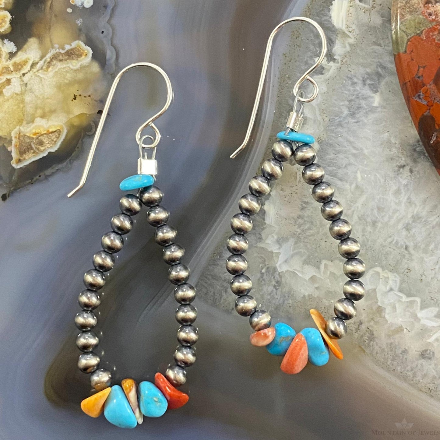 Navajo Pearl, Coral & Turquoise Beads 3mm Sterling Teardrop Dangle Earrings