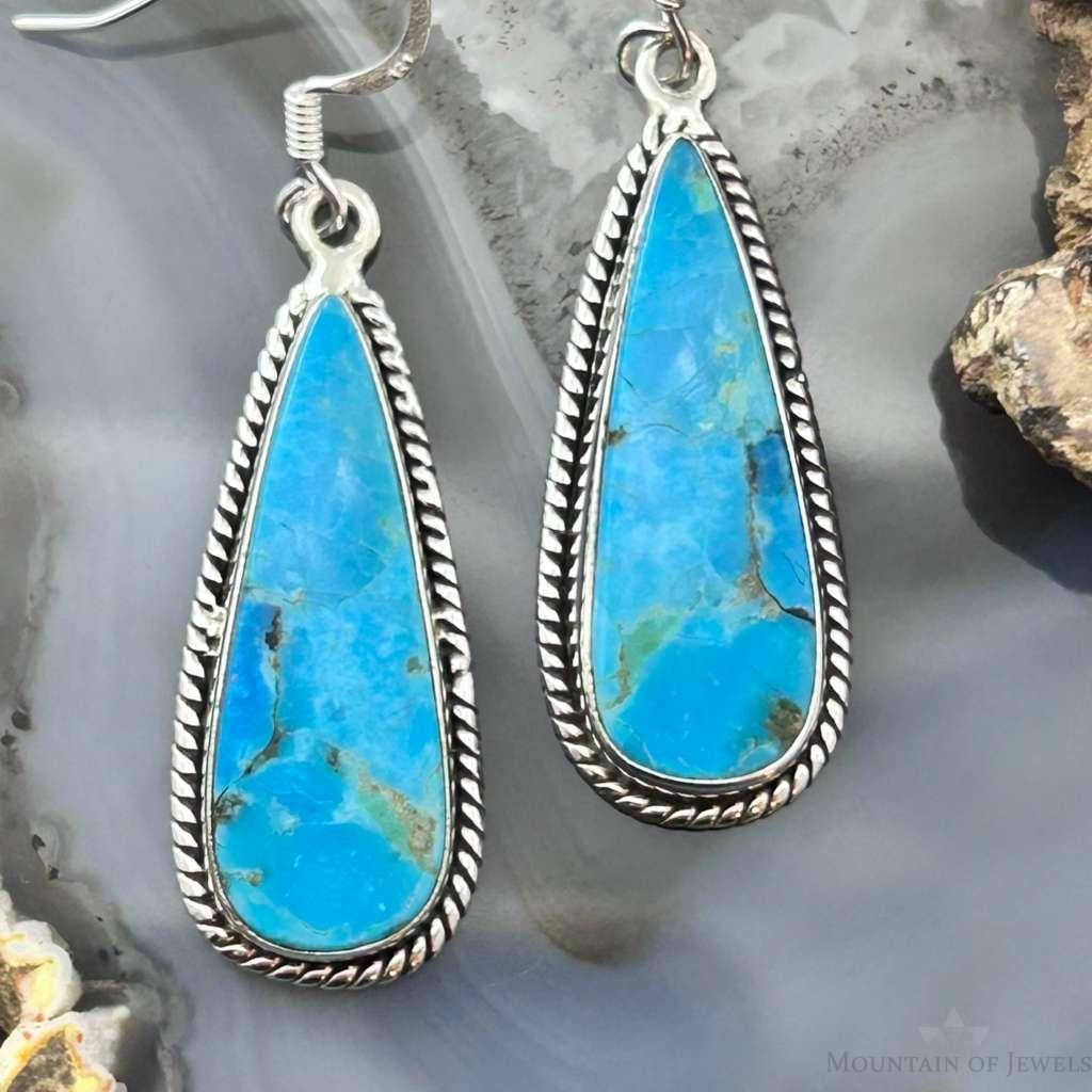 Sterling Silver Southwestern Style Teardrop Mojave Turquoise Dangle Earrings For Women