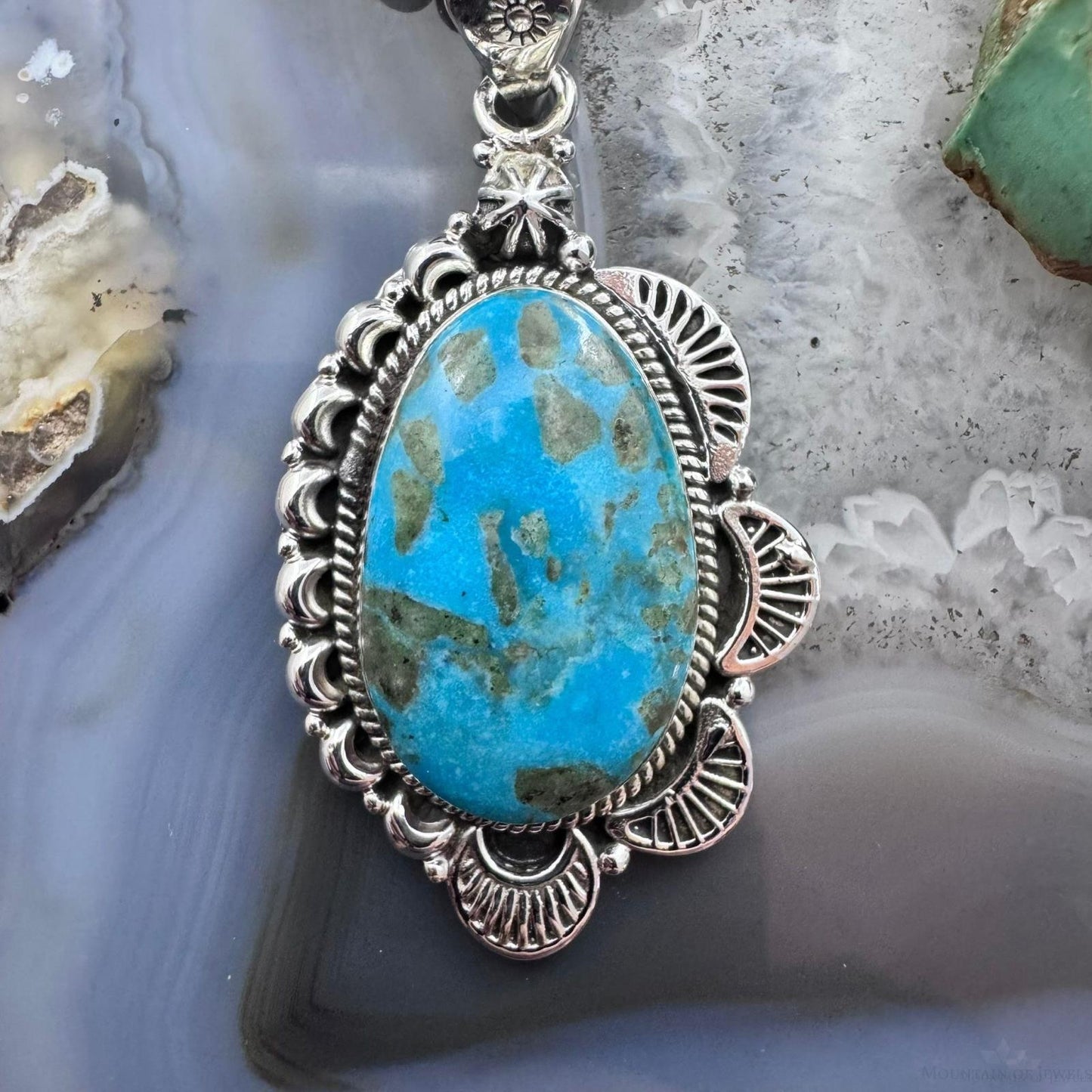 Sterling Silver Southwestern Style Large Turquoise Decorated Pendant For Women