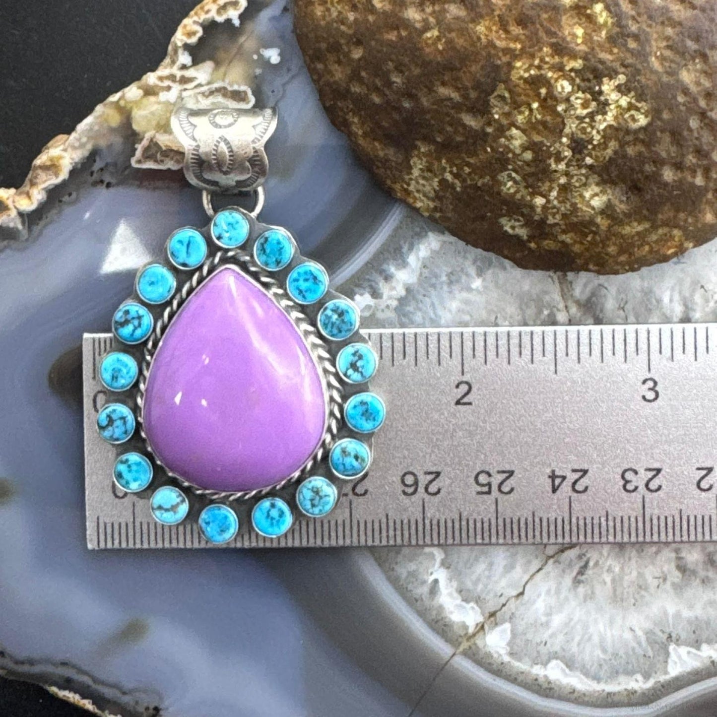 Native American Sterling Silver Purple Phosphosiderite & Turquoise Pendant For Women
