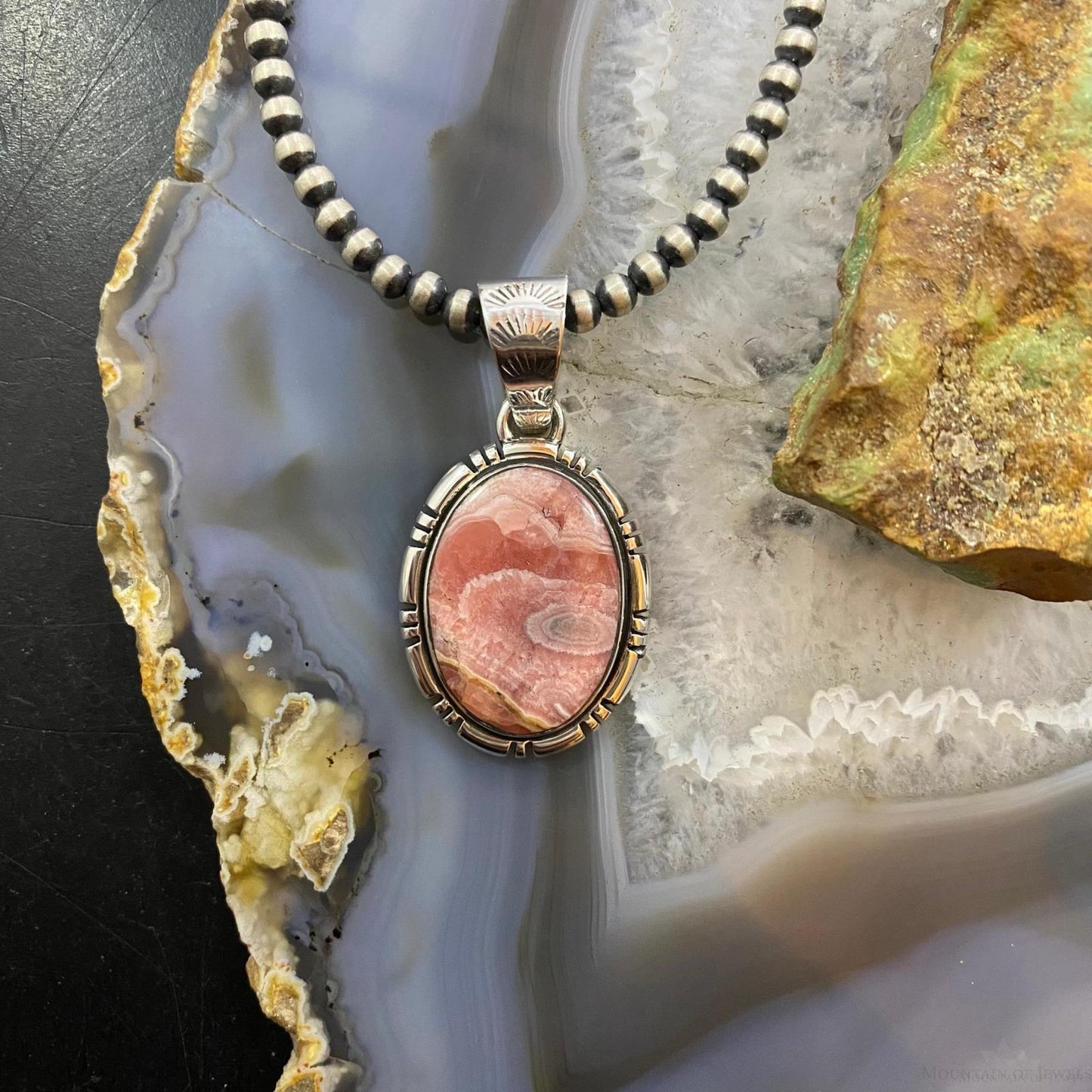 Native American Sterling Silver Oval Rhodochrosite Pendant For Women