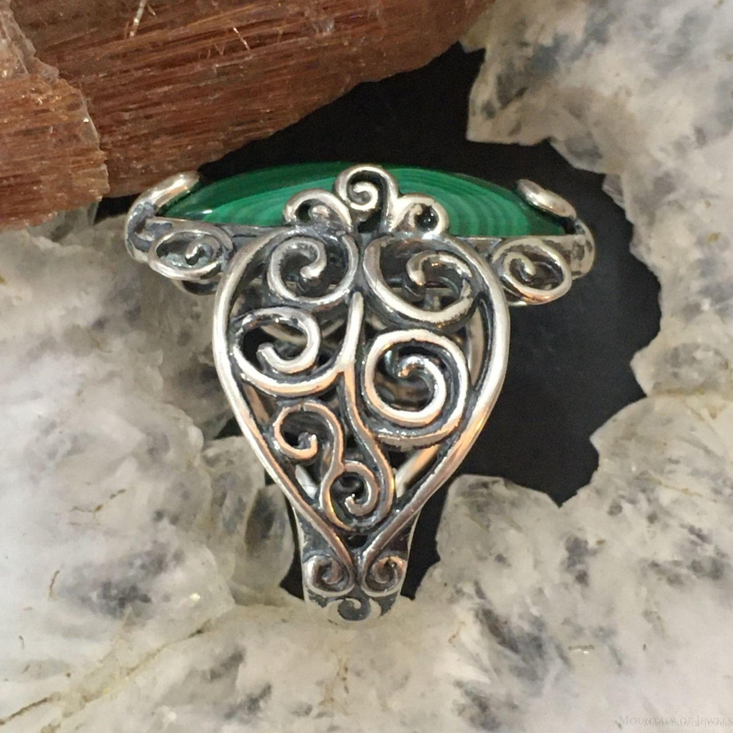 Carolyn Pollack Sterling Silver Marquise Malachite Decorated Ring For Women