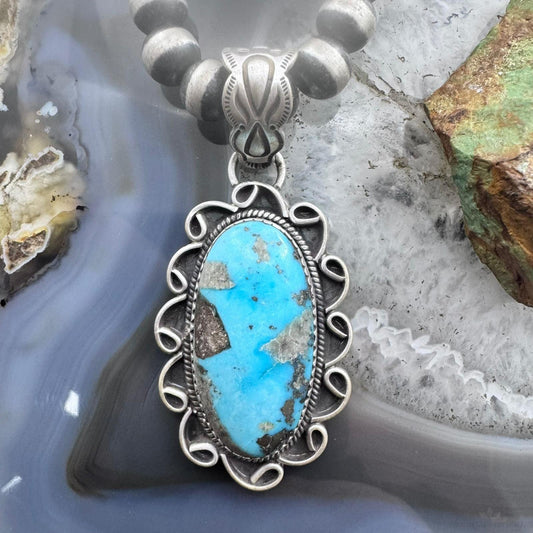 Sterling Silver Southwestern Style Elongated Oval Matrix Turquoise Pendant For Women