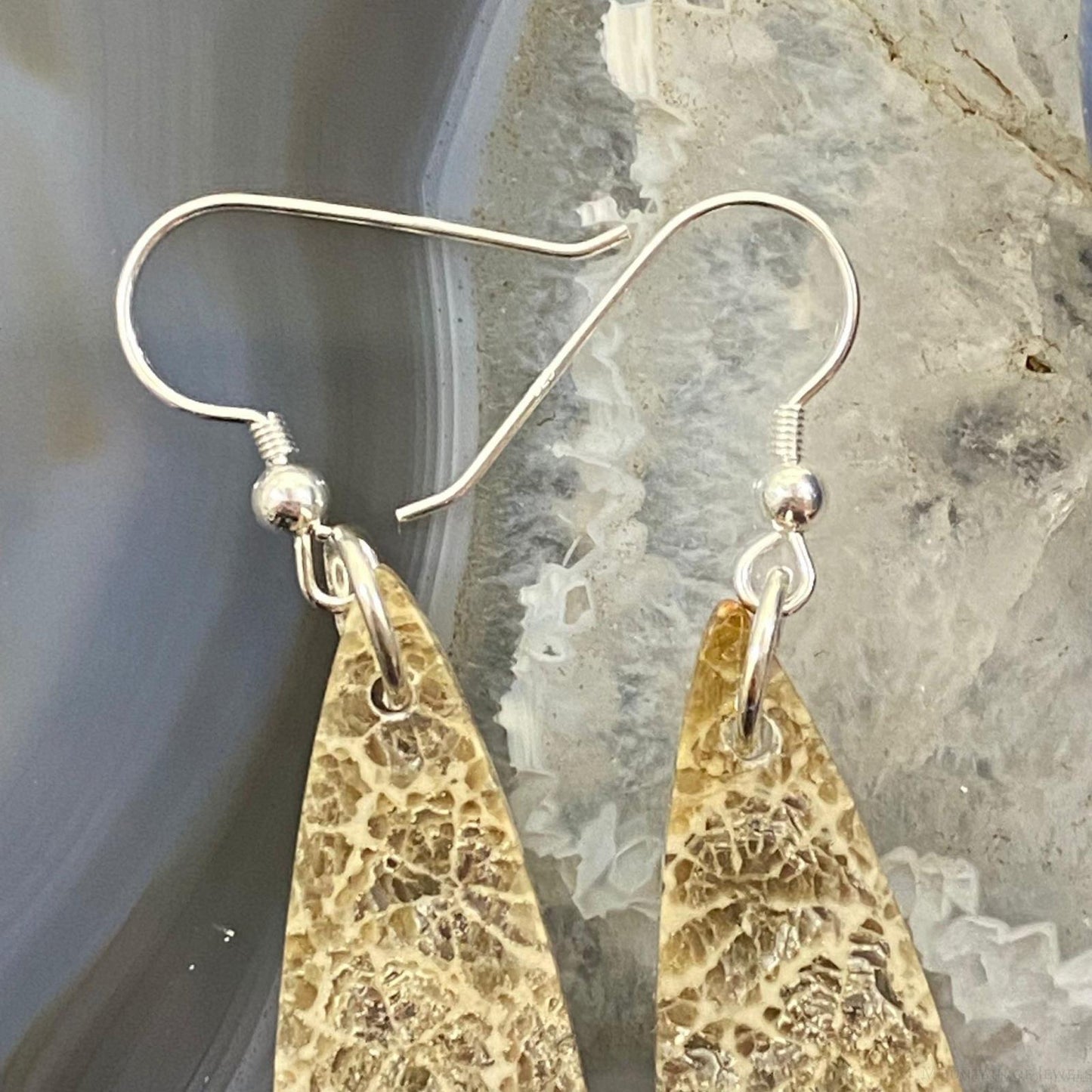 Sterling Silver Teardrop Fossilized Coral Slab Dangle Earrings For Women #067