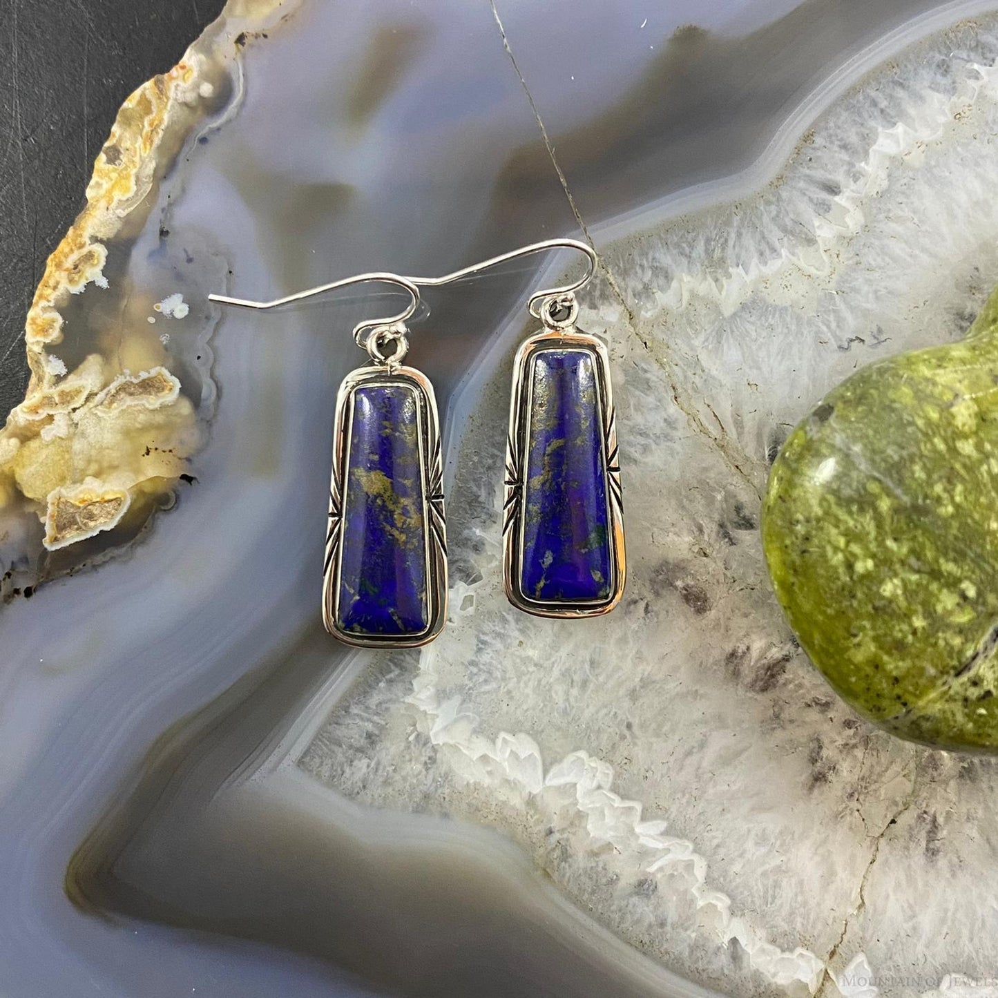 Native American Sterling Trapezoid Azurite Malachite Dangle Earrings For Women