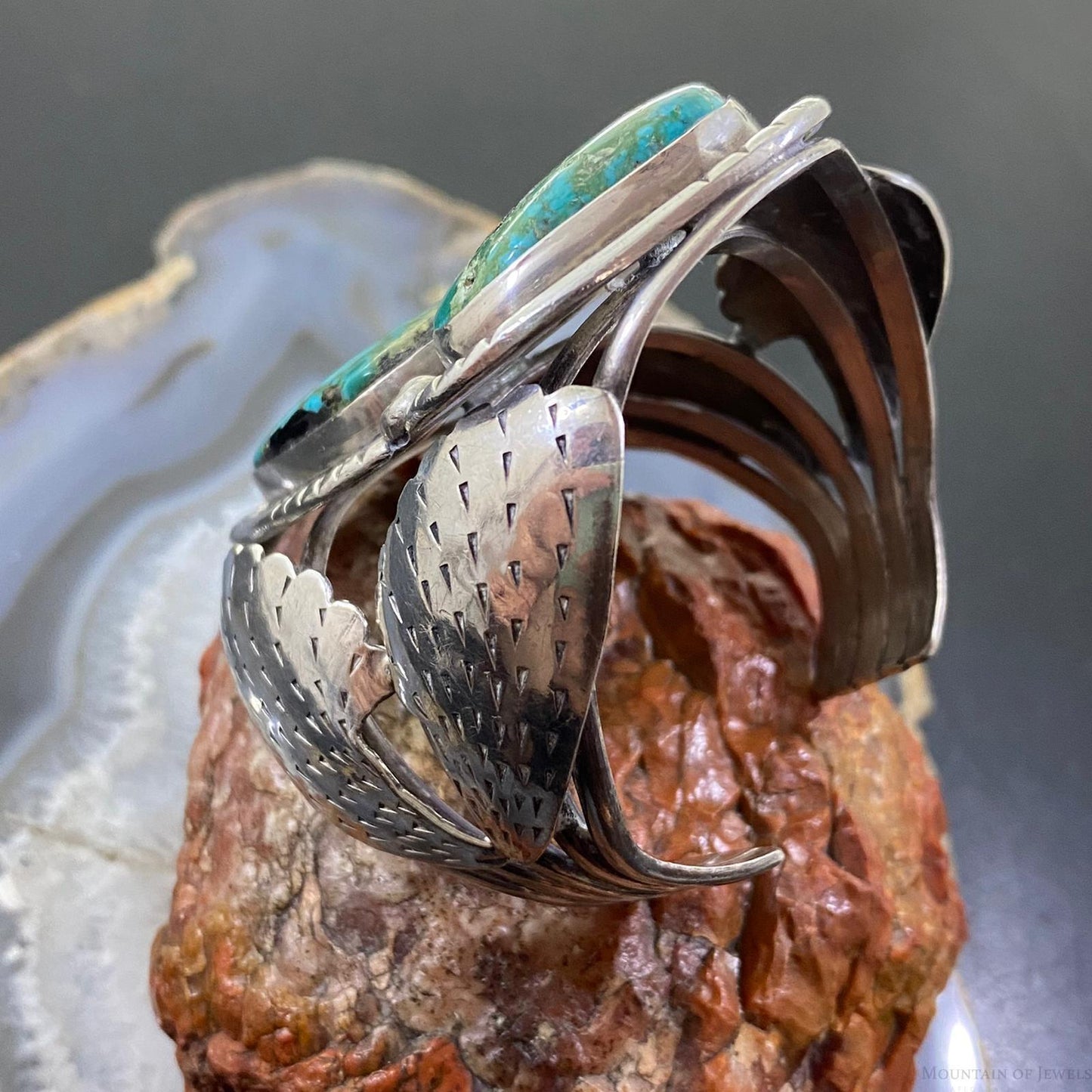 Vintage Native American Silver Cactus Leaves & Turquoise Bracelet For Women