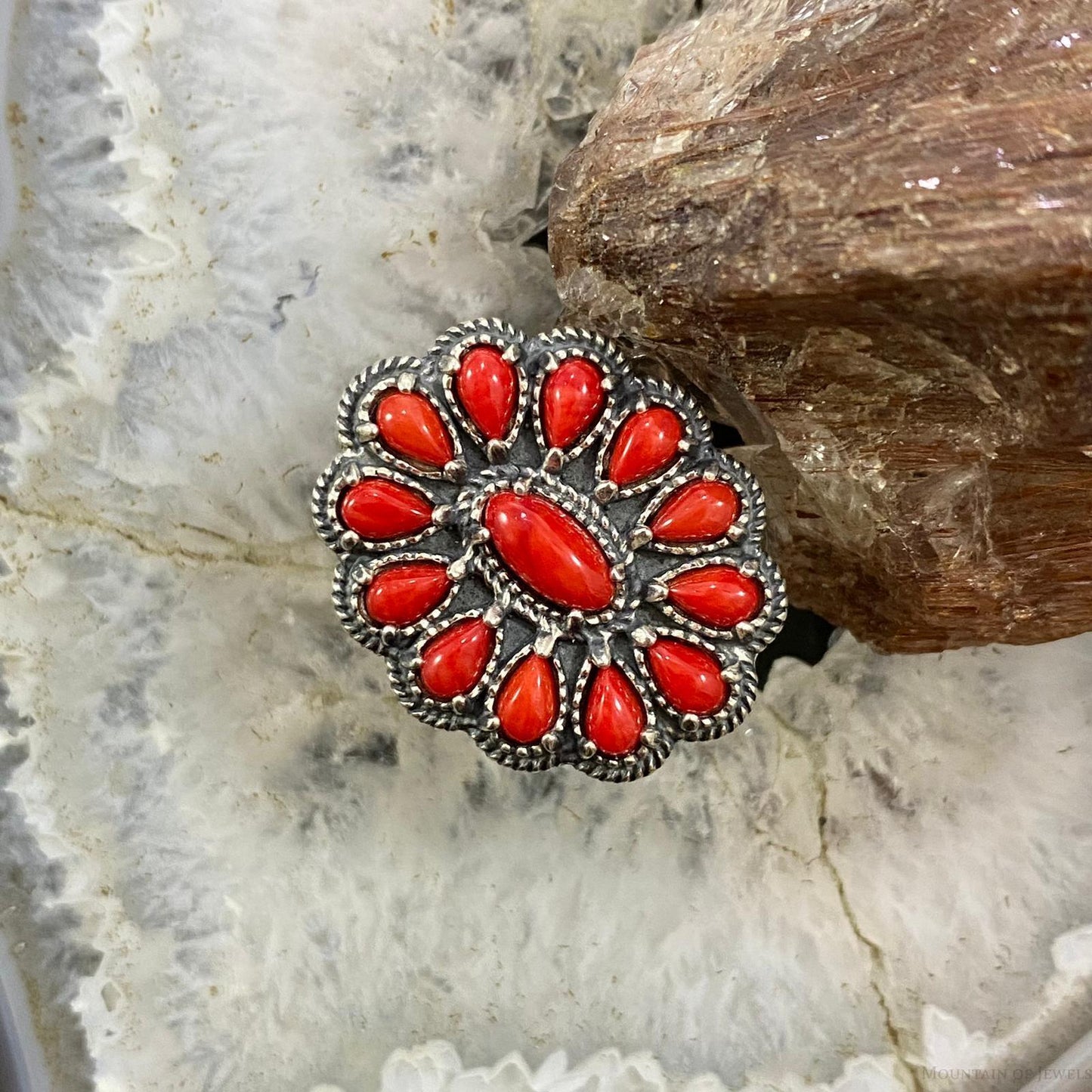 Carolyn Pollack Southwestern Style Sterling Silver Red Coral Decorated Flower Cluster Ring For Women