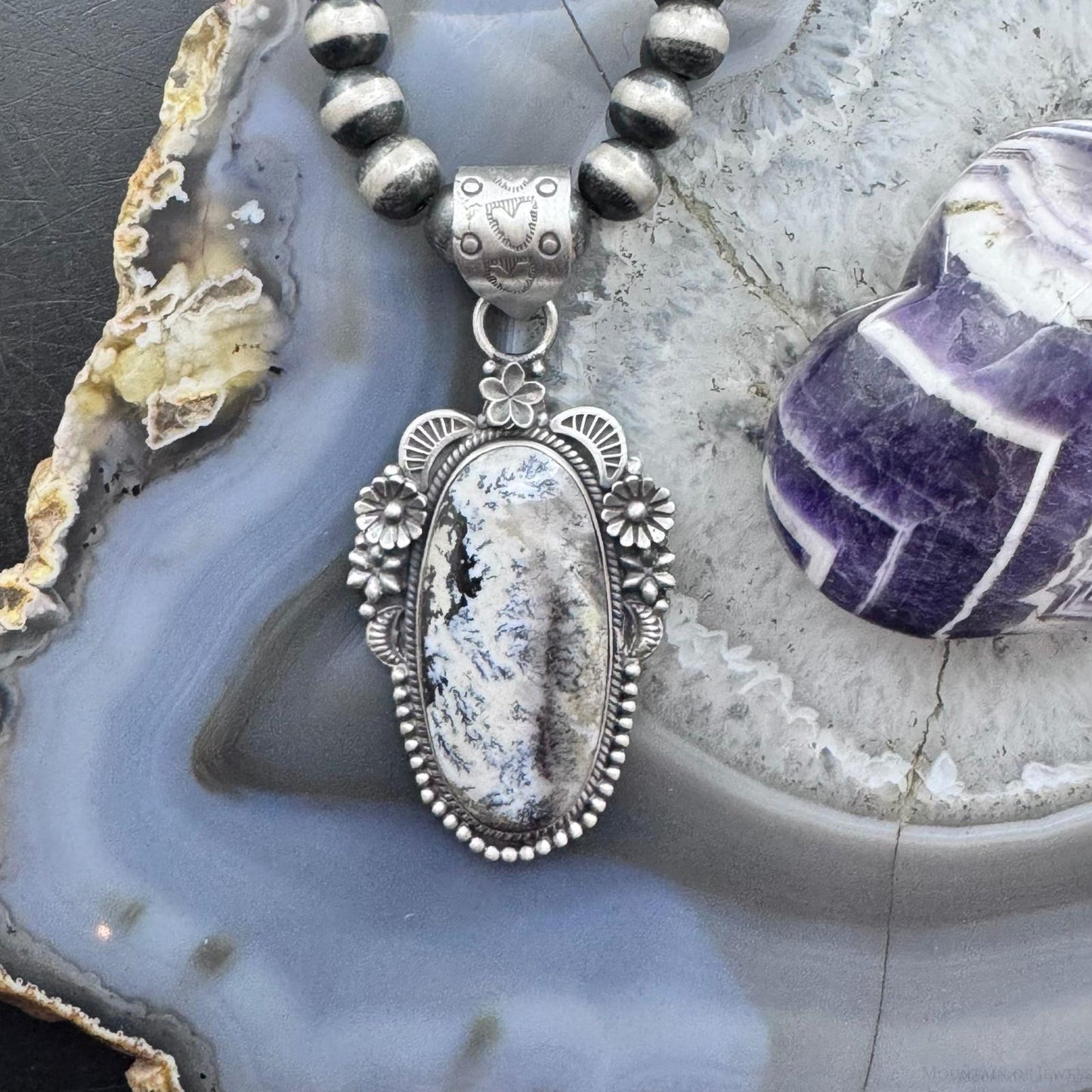 Sterling Silver Southwestern Style Elongated Oval Dendritic Agate Decorated Pendant For Women