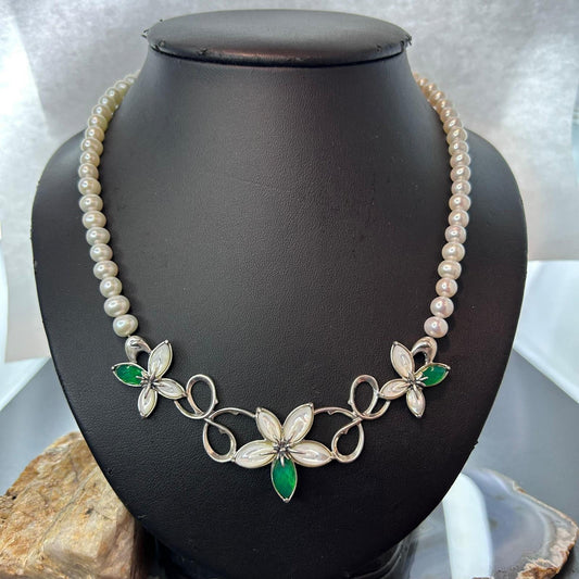 Carolyn Pollack Sterling Silver Freshwater Pearl and Floral 16"-18" Necklace For Women