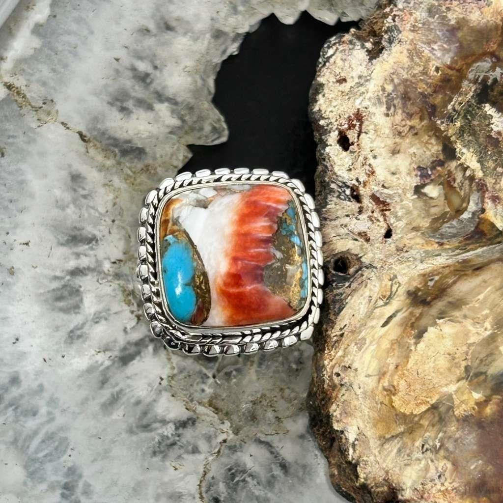 Sterling Silver Southwestern Style Square Spiny Oyster Turquoise Ring Size 6.75 For Women