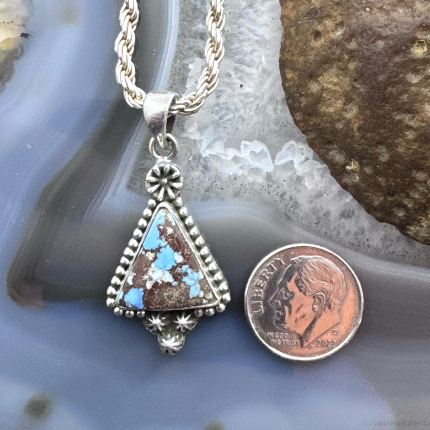 Sterling Silver Southwestern Style Triangle Golden Hill Turquoise Decorated Pendant For Women