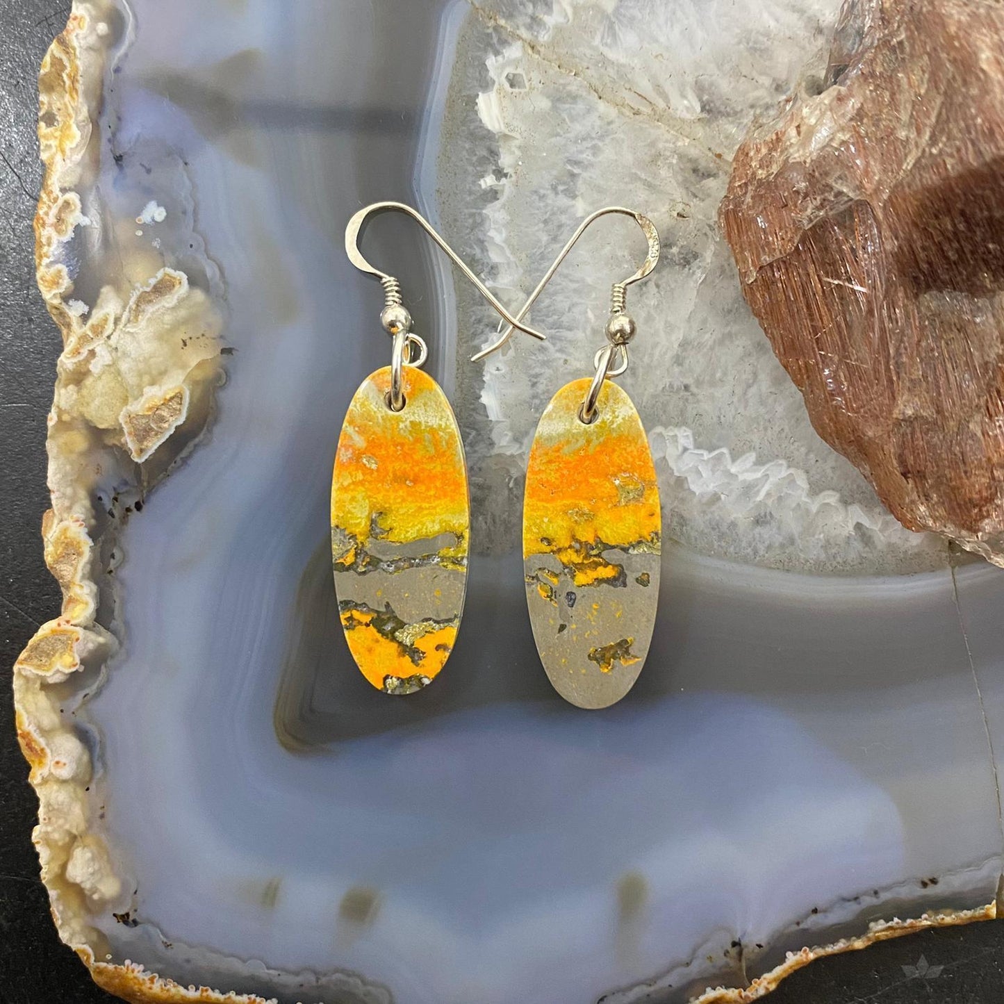 Sterling Silver Oval Bumblebee Jasper Slab Dangle Earrings For Women #005