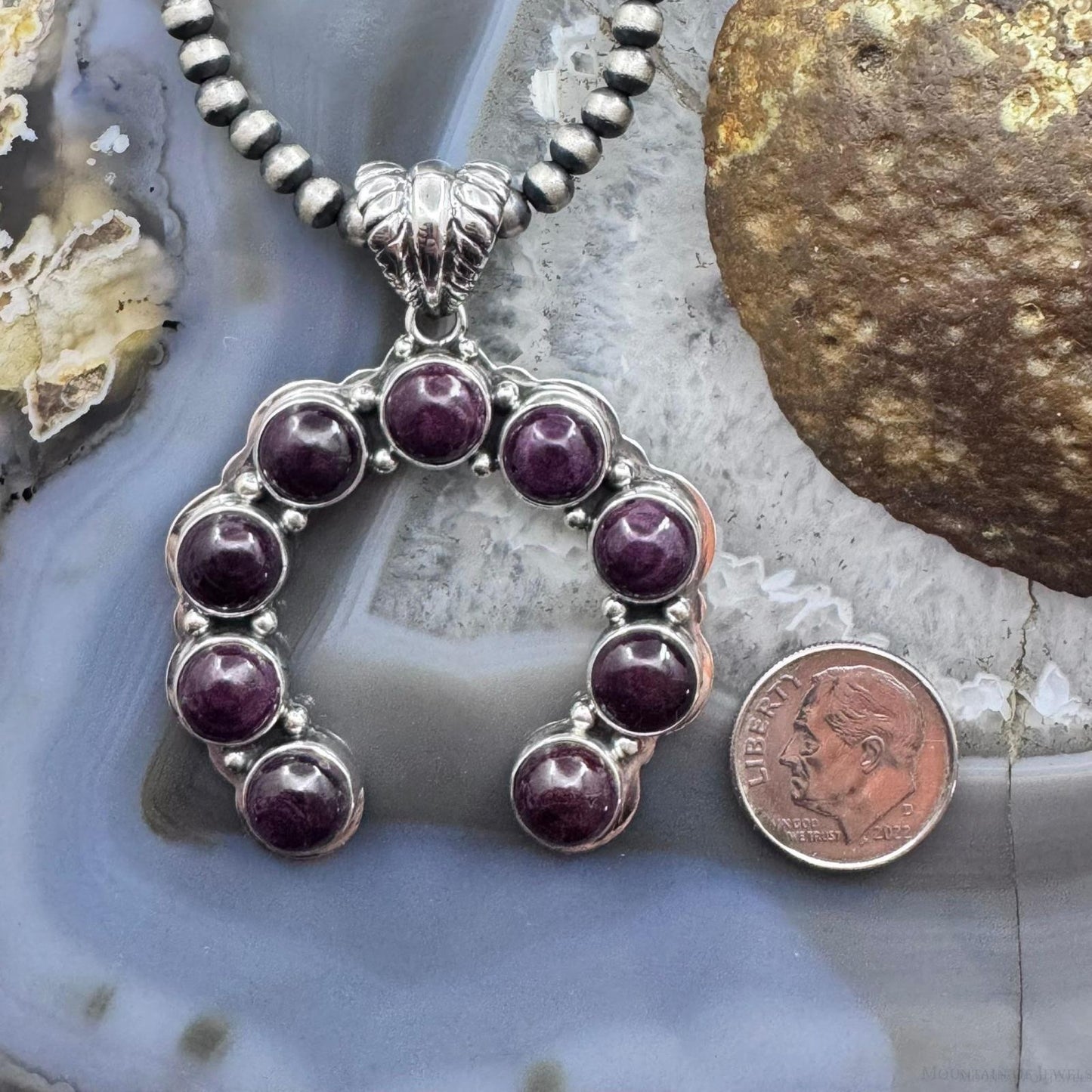 Native American Sterling Silver Rounded Purple Spiny Oyster Naja Pendant For Women