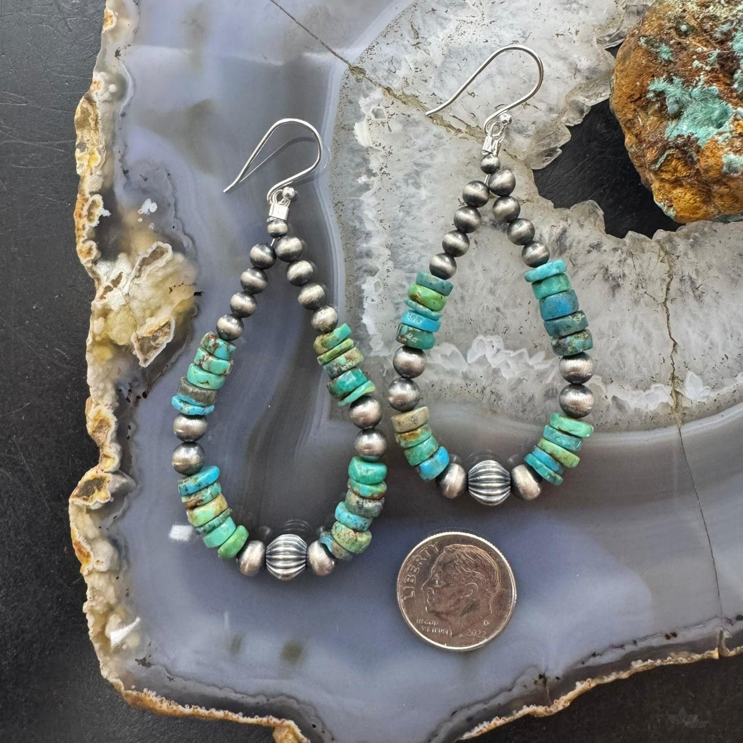 Sterling Silver 4-6mm Navajo Pearl Southwester Style & 6mm Turquoise Bead Hoop Earrings For Women