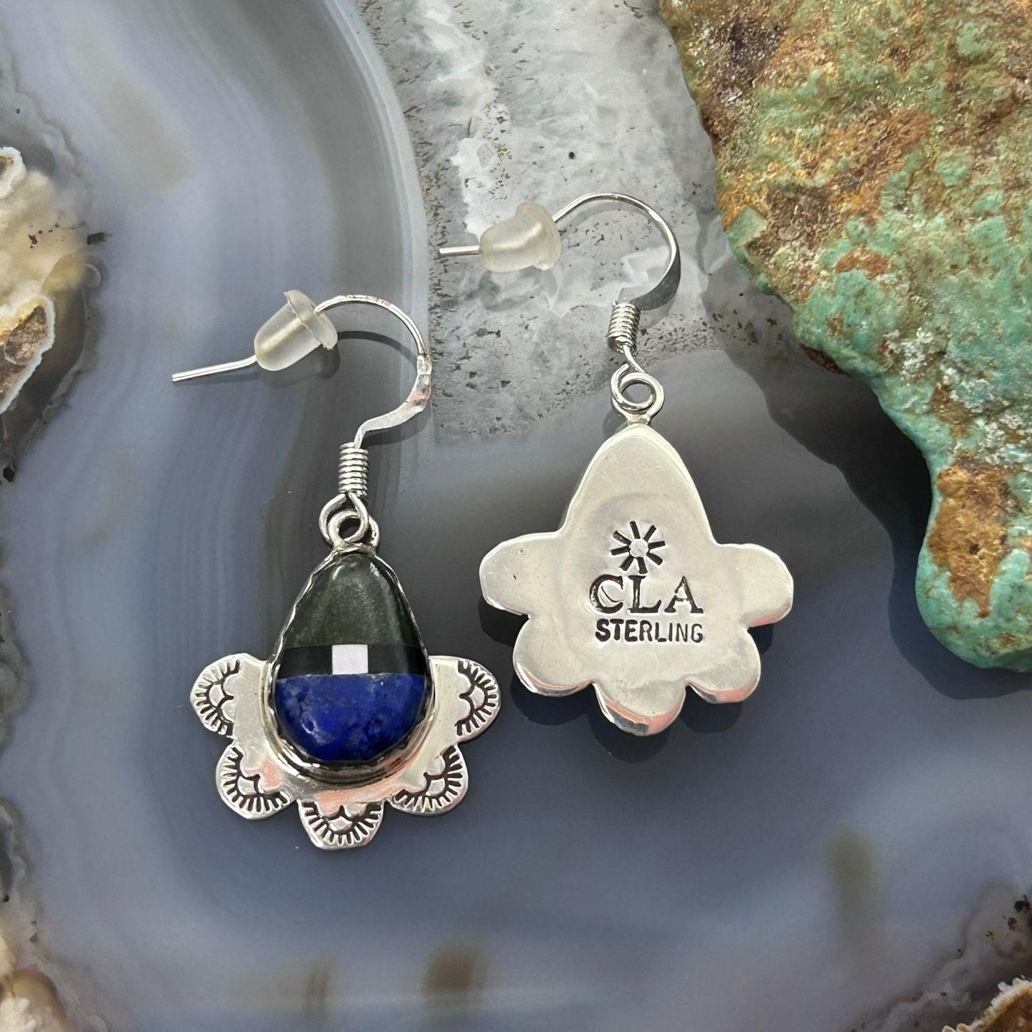Clifton Aguilar Sterling Silver Teardrop Multistone Inlay Dangle Earrings For Women #1