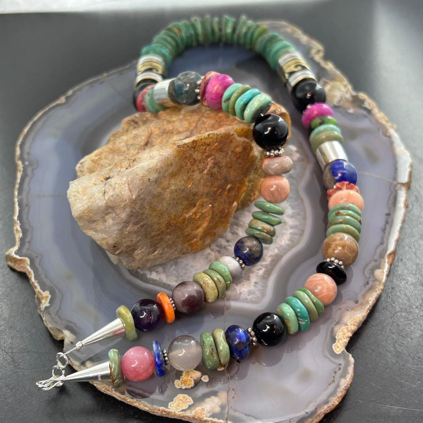 Tommy & Rosita Singer Sterling Silver Turquoise & Multistone Beads Necklace For Women