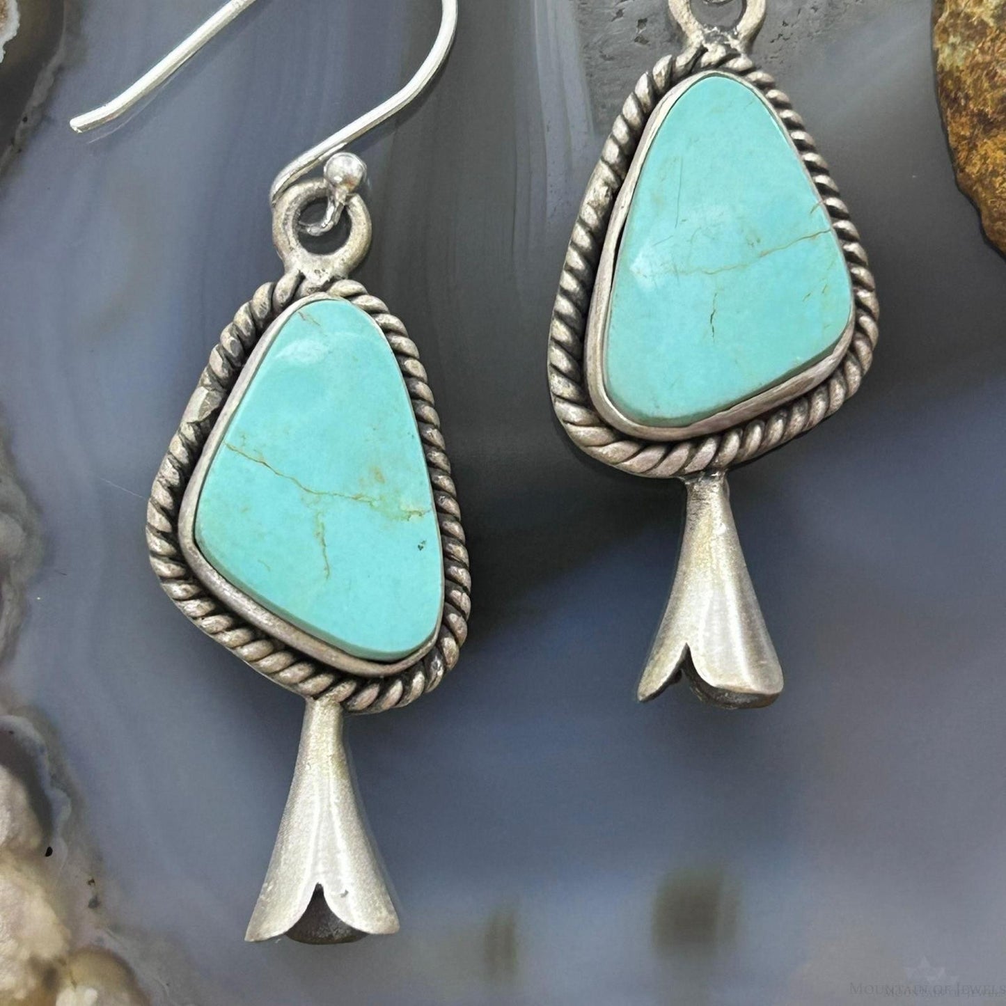 Sterling Silver Southwestern Style Turquoise Squash Blossom Dangle Earrings For Women #2
