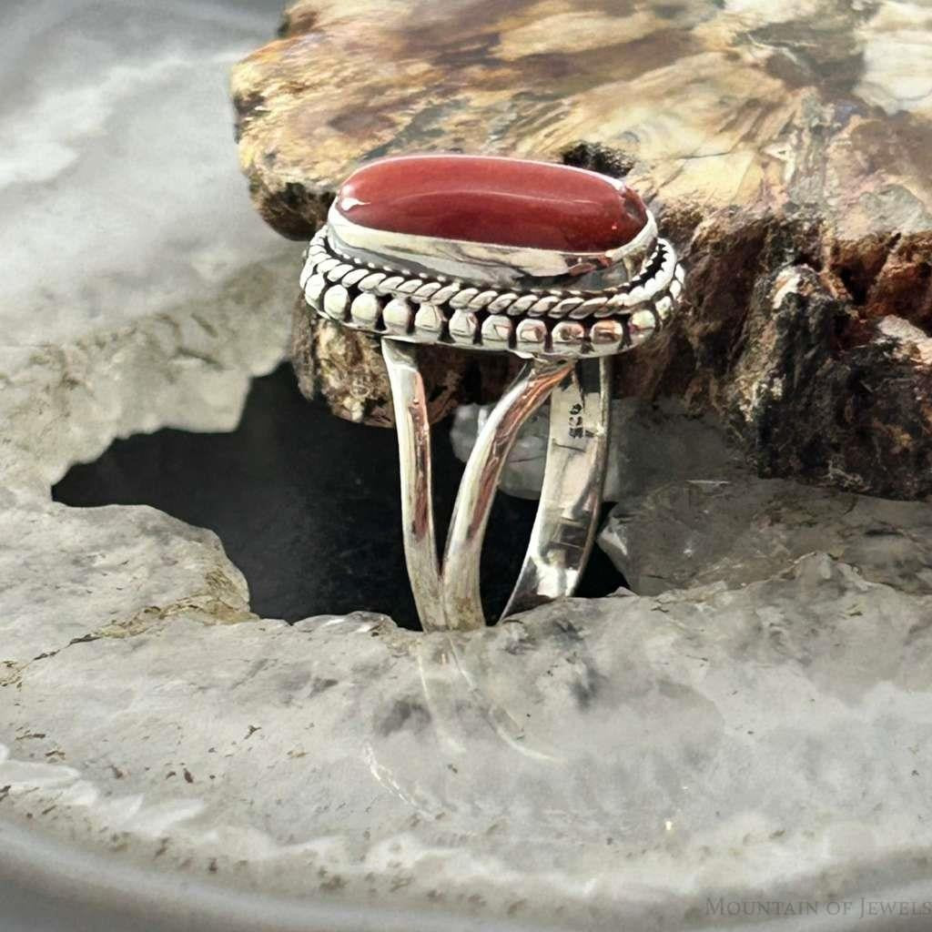 Sterling Silver Southwestern Style Coral Ring Size 7 For Women