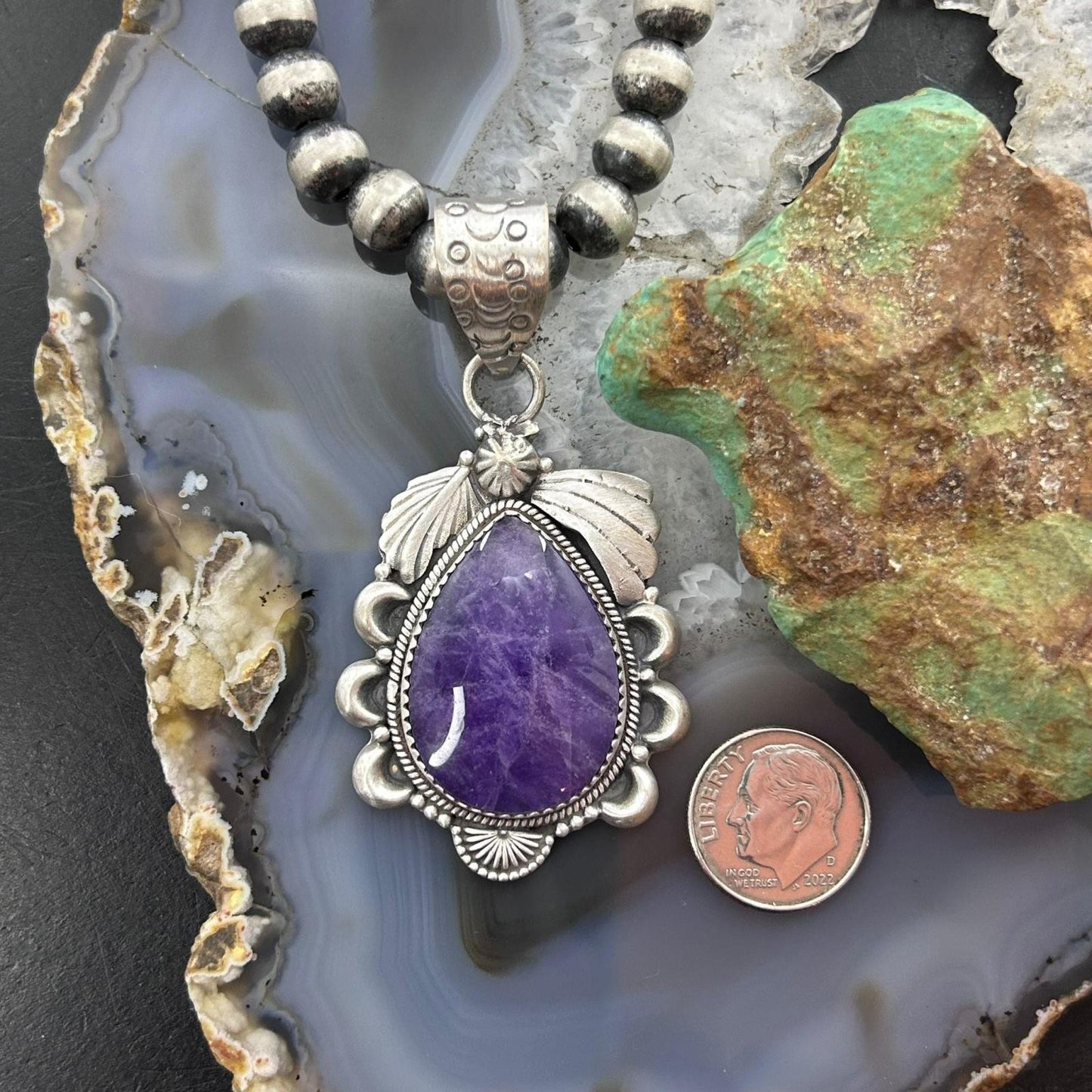 Sterling Silver Southwestern Style Teardrop Charoite Decorated Pendant For Women