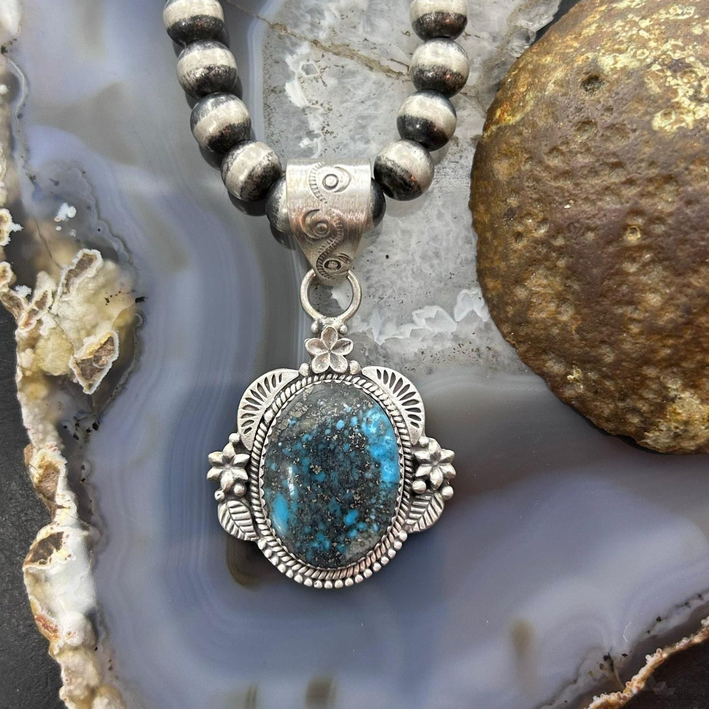 Sterling Silver Southwestern Style Oval Turquoise Decorated Pendant For Women