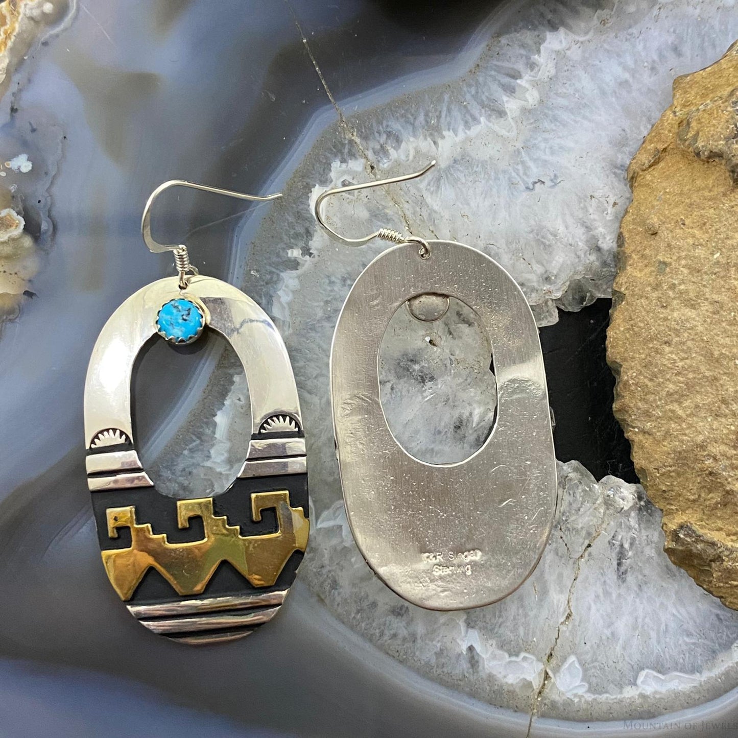 Rosita Singer Sterling Silver & GF w/Turquoise Overlay Oval Dangle Earrings