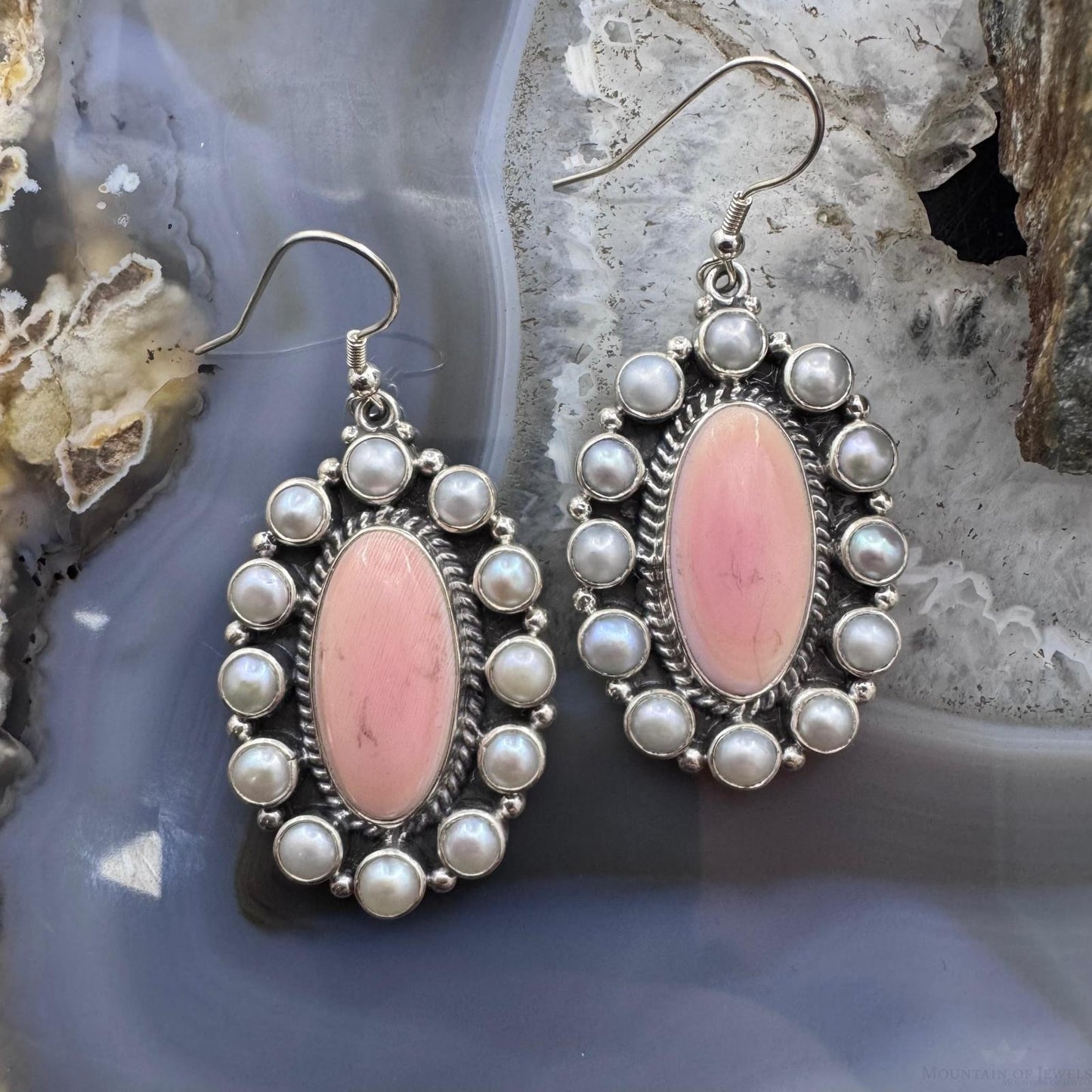 Native American Sterling Silver Oval Pink Conch w/Gray Pearls Dangle Earrings For Women