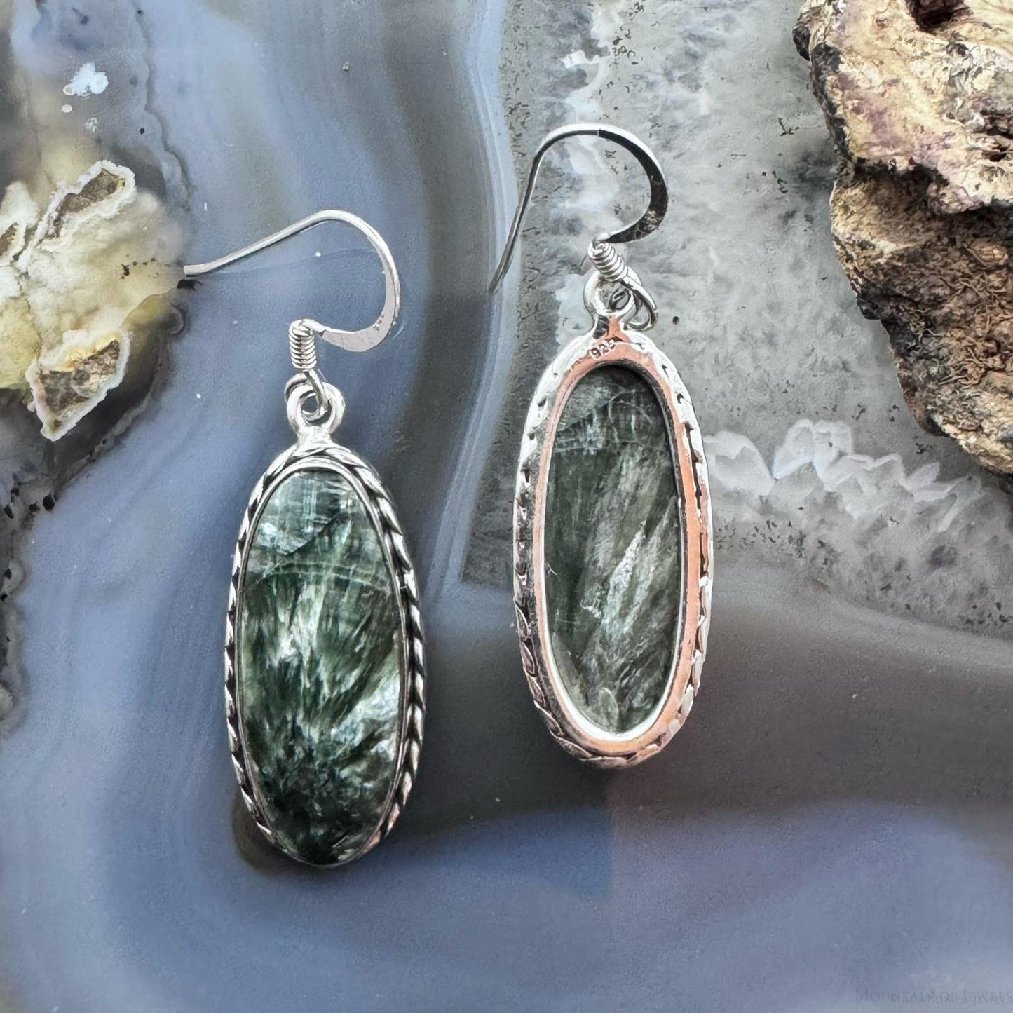 Sterling Silver Southwestern Style Elongated Oval Serpentine Dangle Earrings For Women