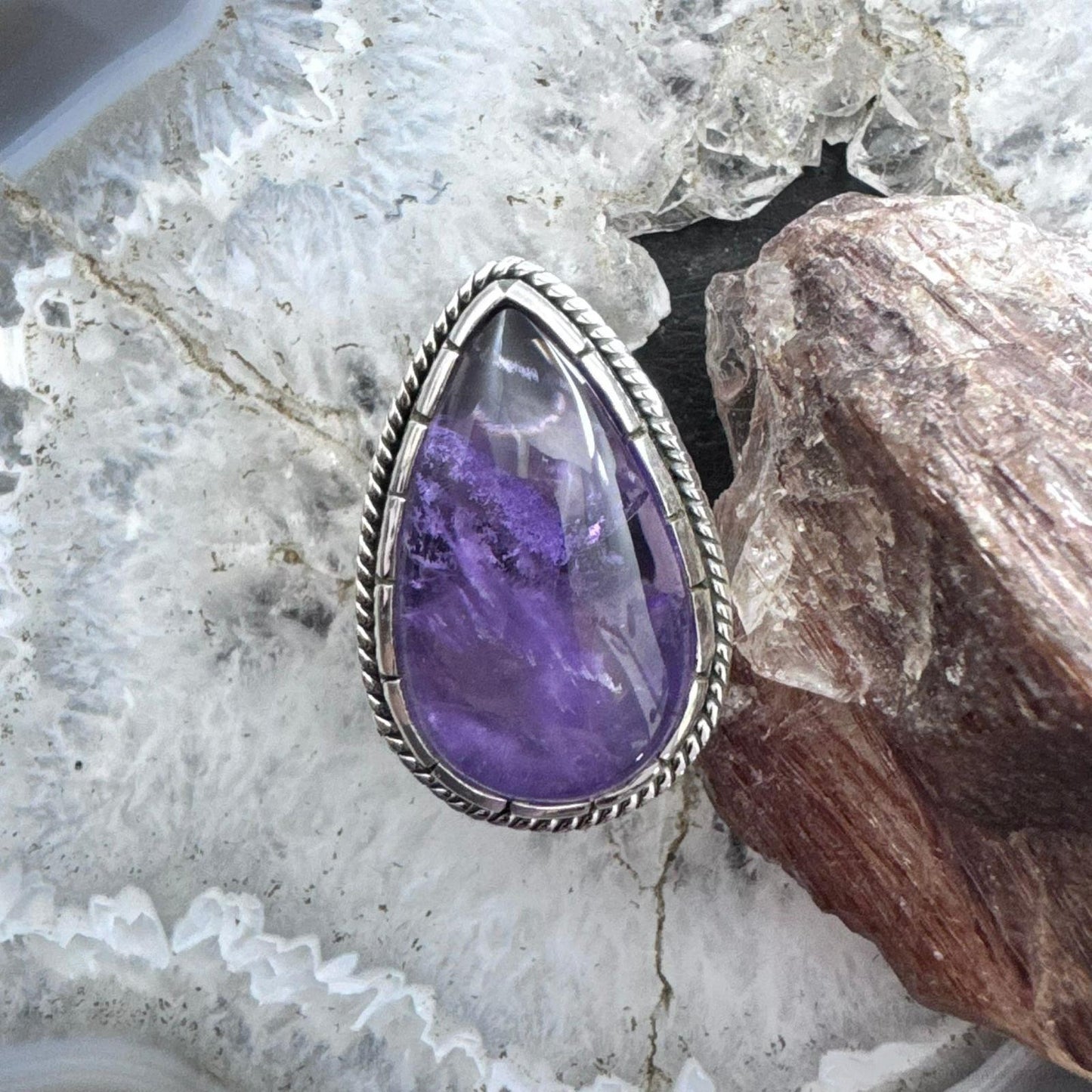 Sterling Silver Southwestern Style Teardrop Amethyst Decorated Ring Size 7 For Women