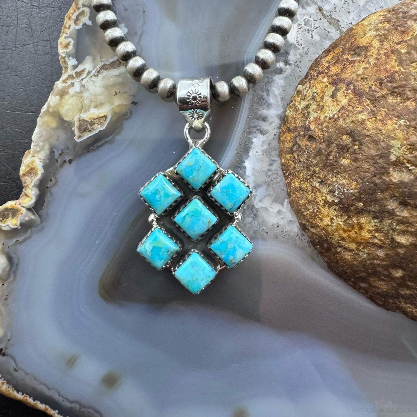 Sterling Silver Southwestern Style 7 SquareTurquoise Pendant For Women