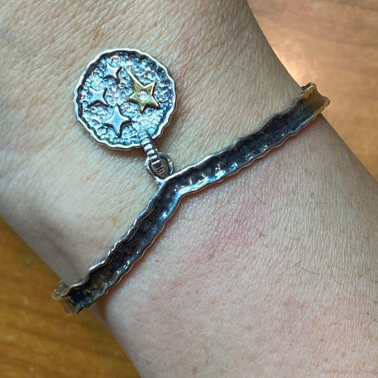 Carolyn Pollack Sterling Silver & Brass "Believe" & Stars Charm Thin Cuff Bracelet For Women