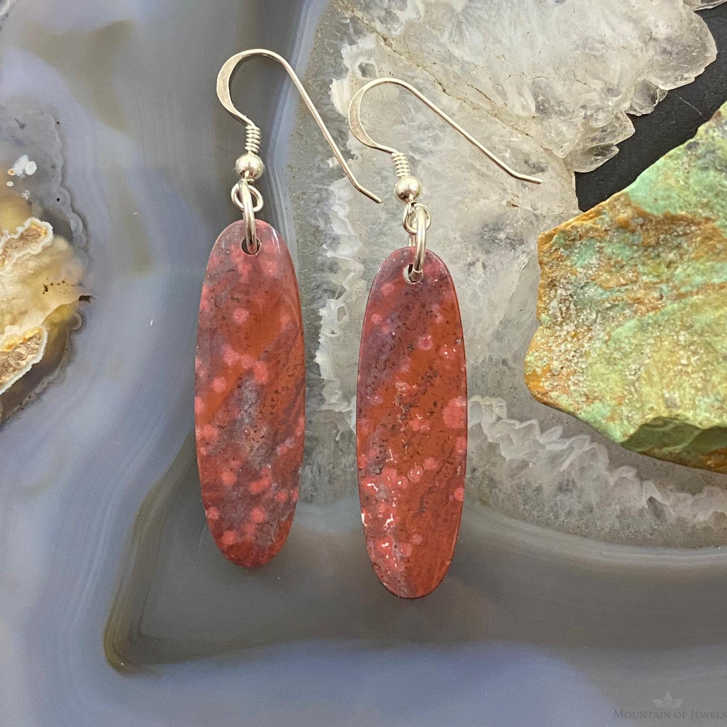 Sterling Silver Oval River Jasper Slab Dangle Earrings For Women