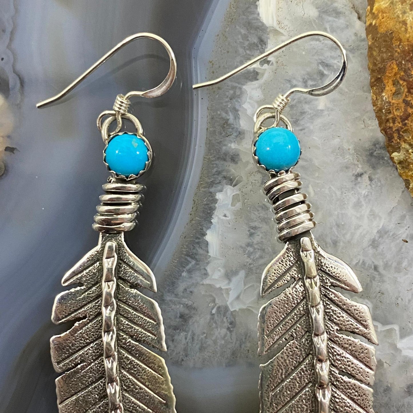 Brad Panteah Native American Sterling Long Feather w/Turquoise Dangle Earrings