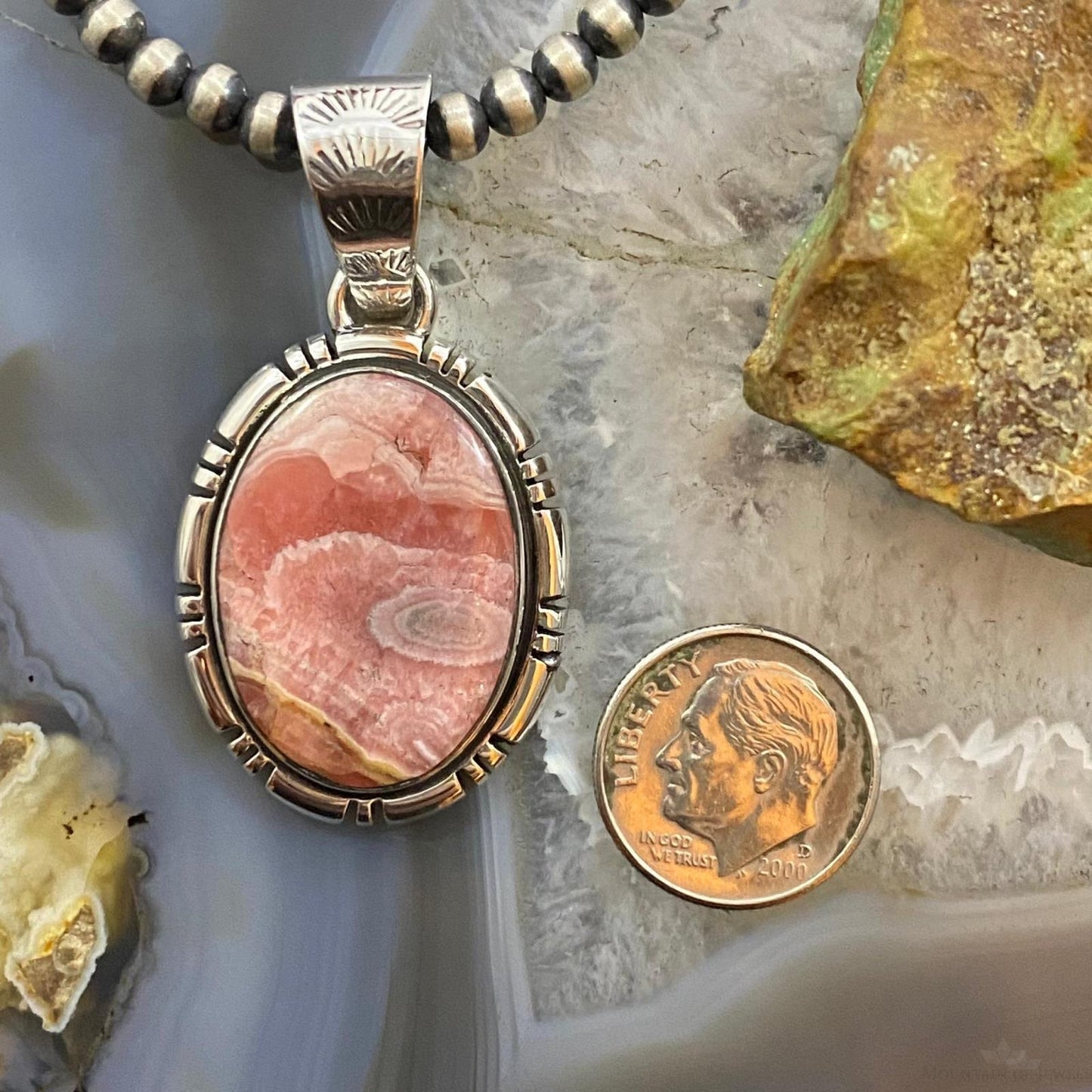 Native American Sterling Silver Oval Rhodochrosite Pendant For Women