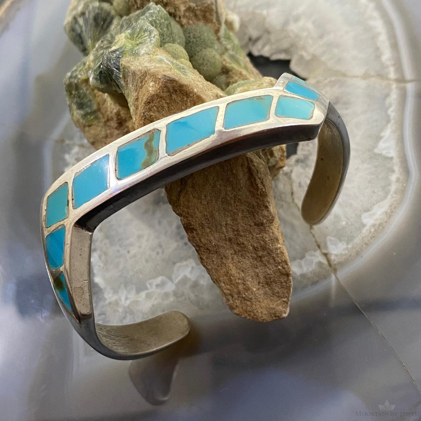 Vintage Native American Silver Turquoise Inlay Heavy Gauge Bracelet For Women