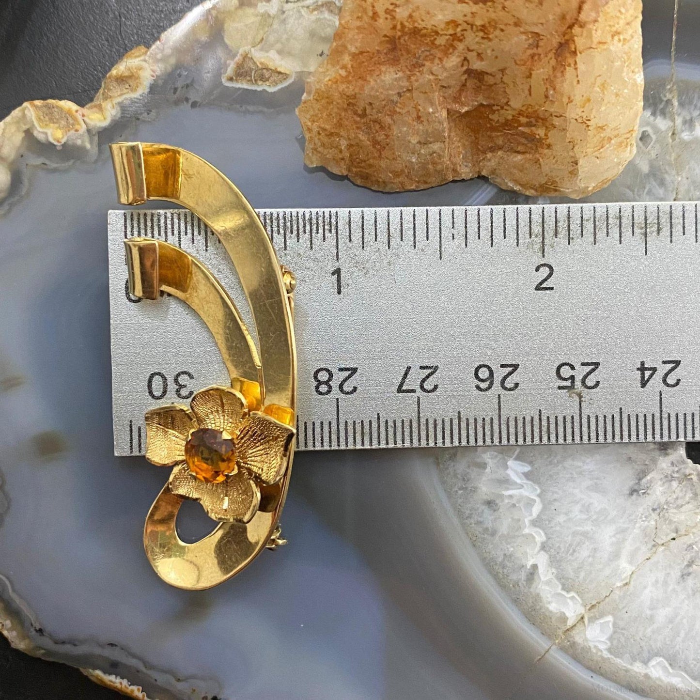 Vintage 14K Yellow Gold & Citrine Floral Brooch For Women