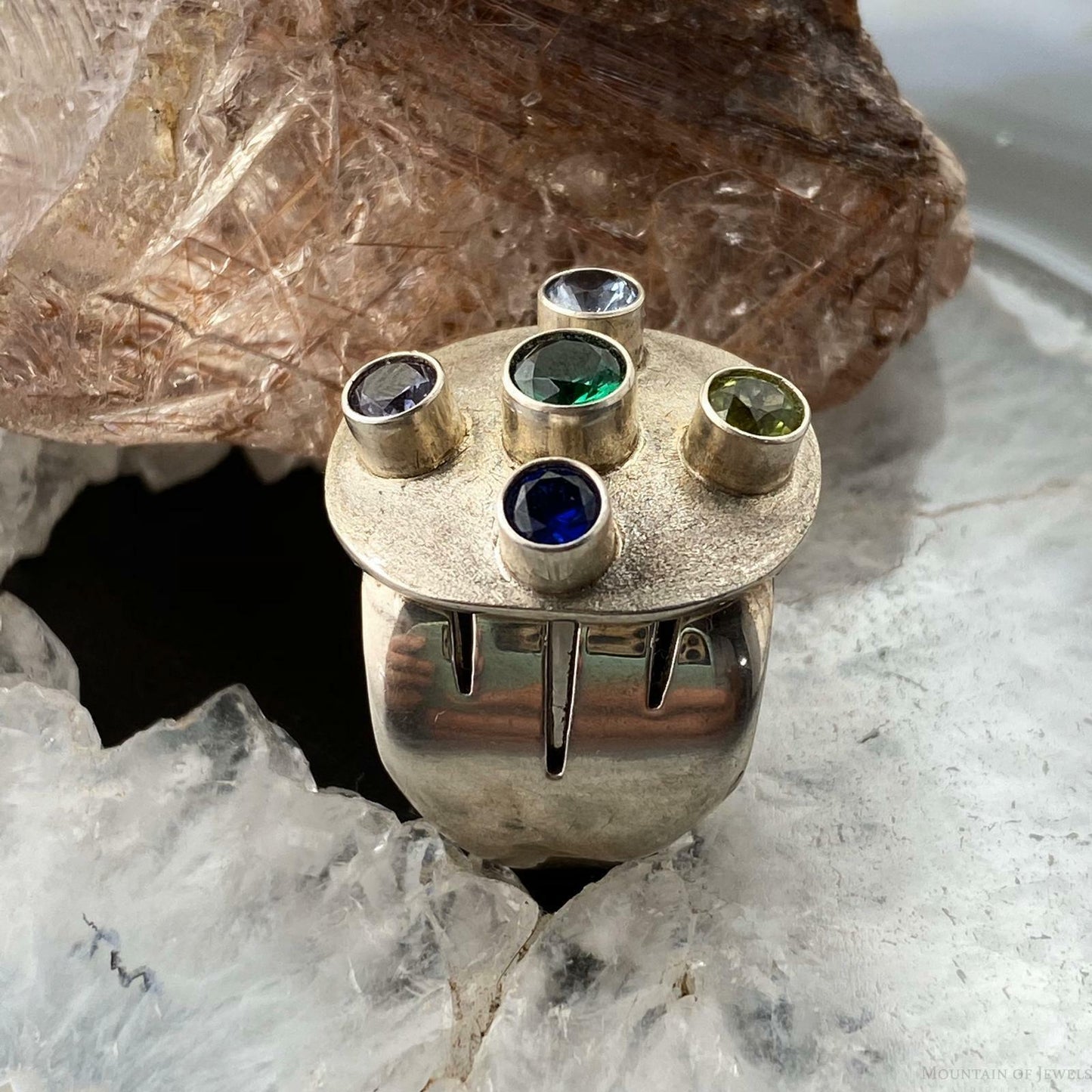 Sterling Silver Ring Size 7.5 with 5 Different Gems Wide Band Ring