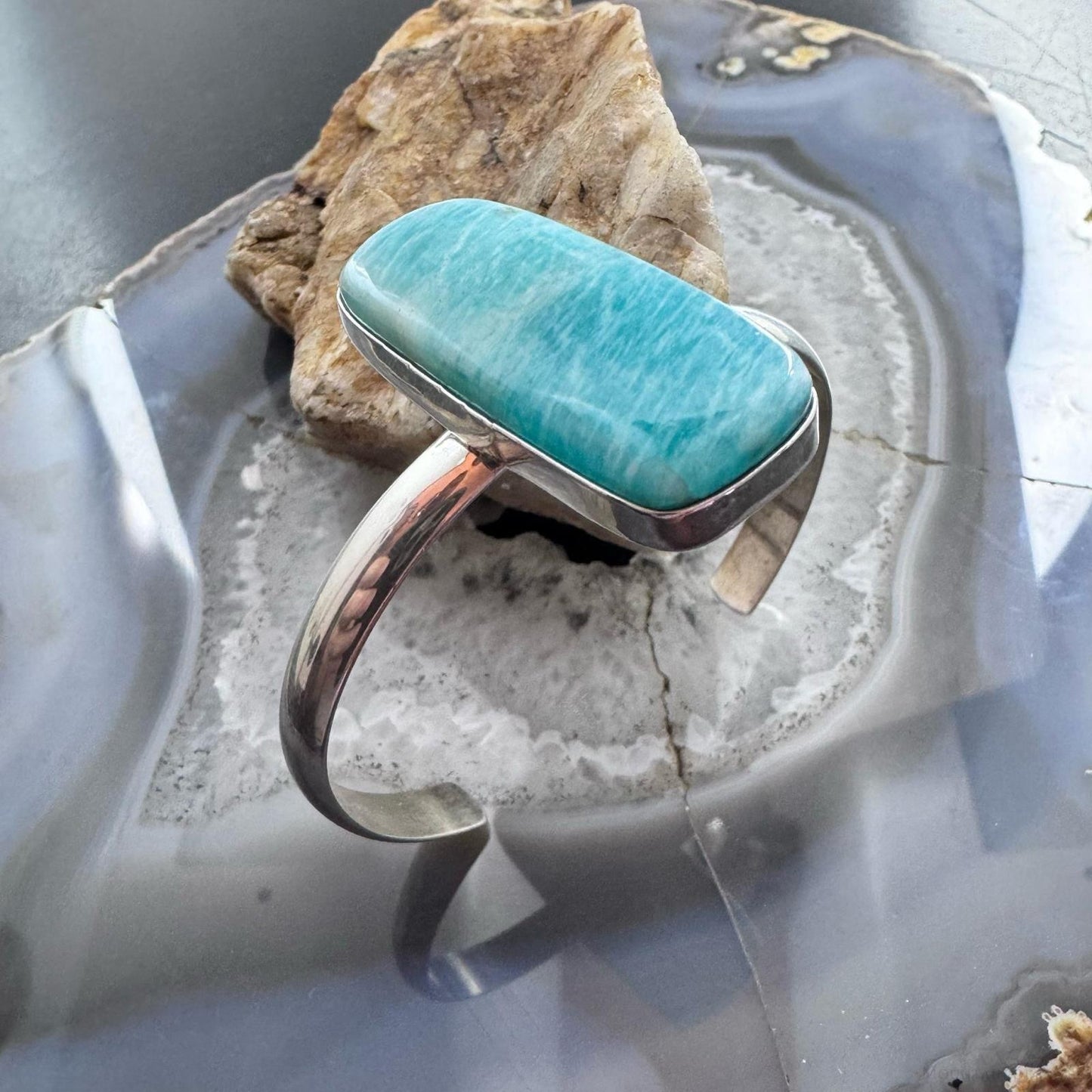 Frank Chavez Native American Sterling Silver Amazonite Bracelet For Women