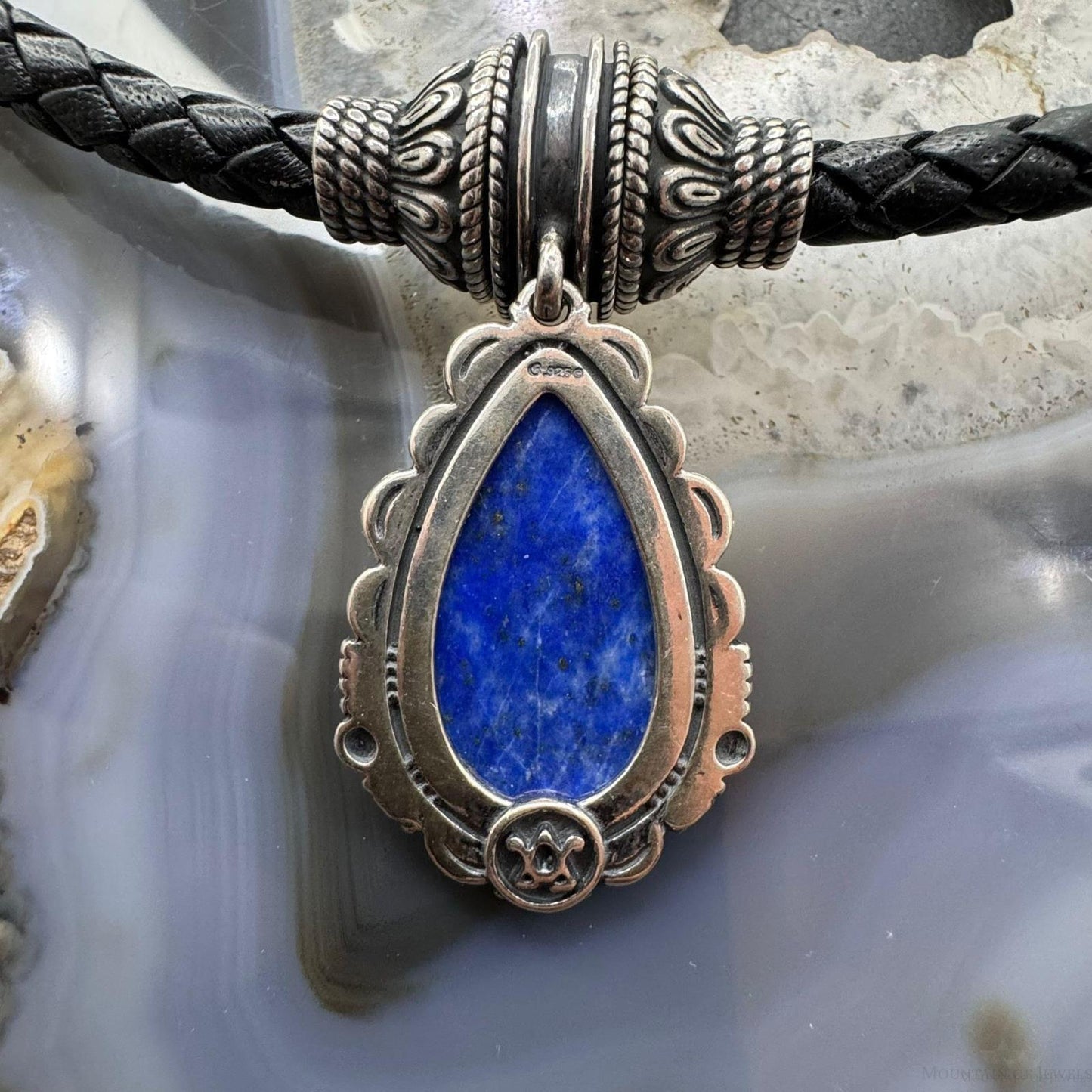 Carolyn Pollack Black Braided Leather Necklace with Teardrop Denim Lapis Pendant