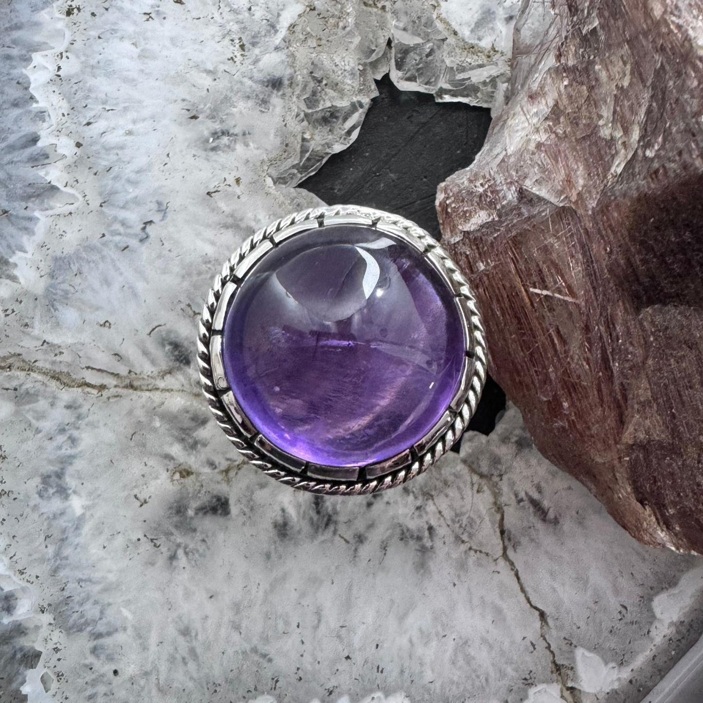 Sterling Silver Southwestern Style Round Amethyst Decorated Ring Size 8.75 For Women