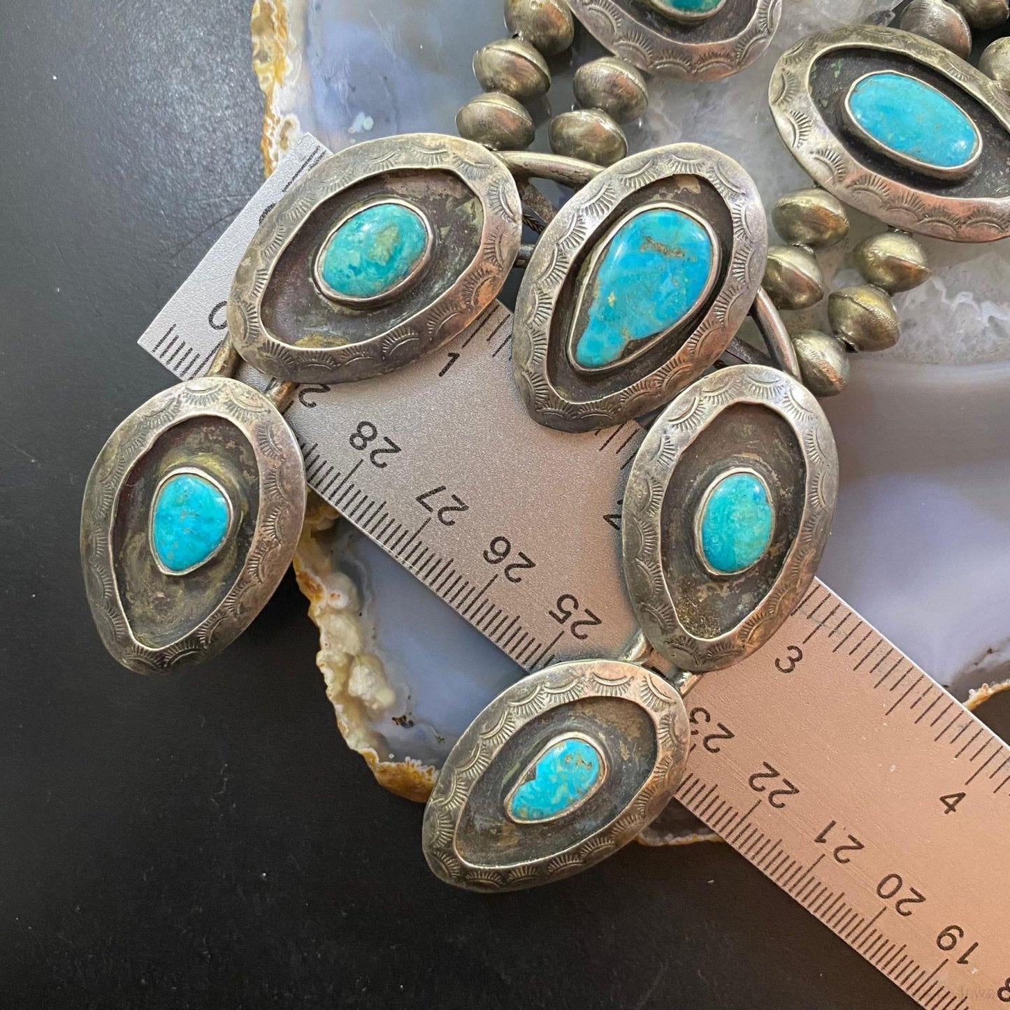 Antique Native American Silver Turquoise Shadow Box Squash Blossom Necklace 28"