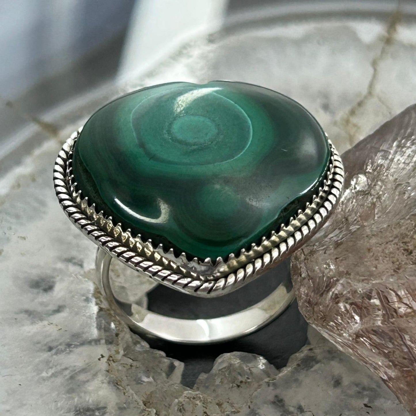 Sterling Silver Southwestern Style Malachite Heart Shape Ring Size 9 For Women